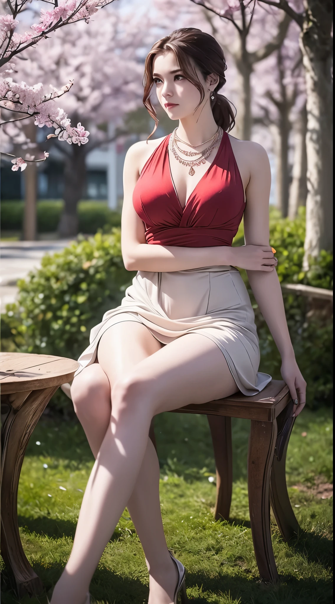 Beautiful  young girl looking at viewer wearing red top dress, in garden, realistic graphics, wearing a beautiful necklace, wavering at viewer, nice figure, beautiful organic photography  ,graphic focus on girl at the center of graphics photoshot ,red colors dress ,wavering at viewer, full-body photoshot rendering graphics,complete body collection, sakura blossoms, sitting under a tree ,beautiful ,bibidong