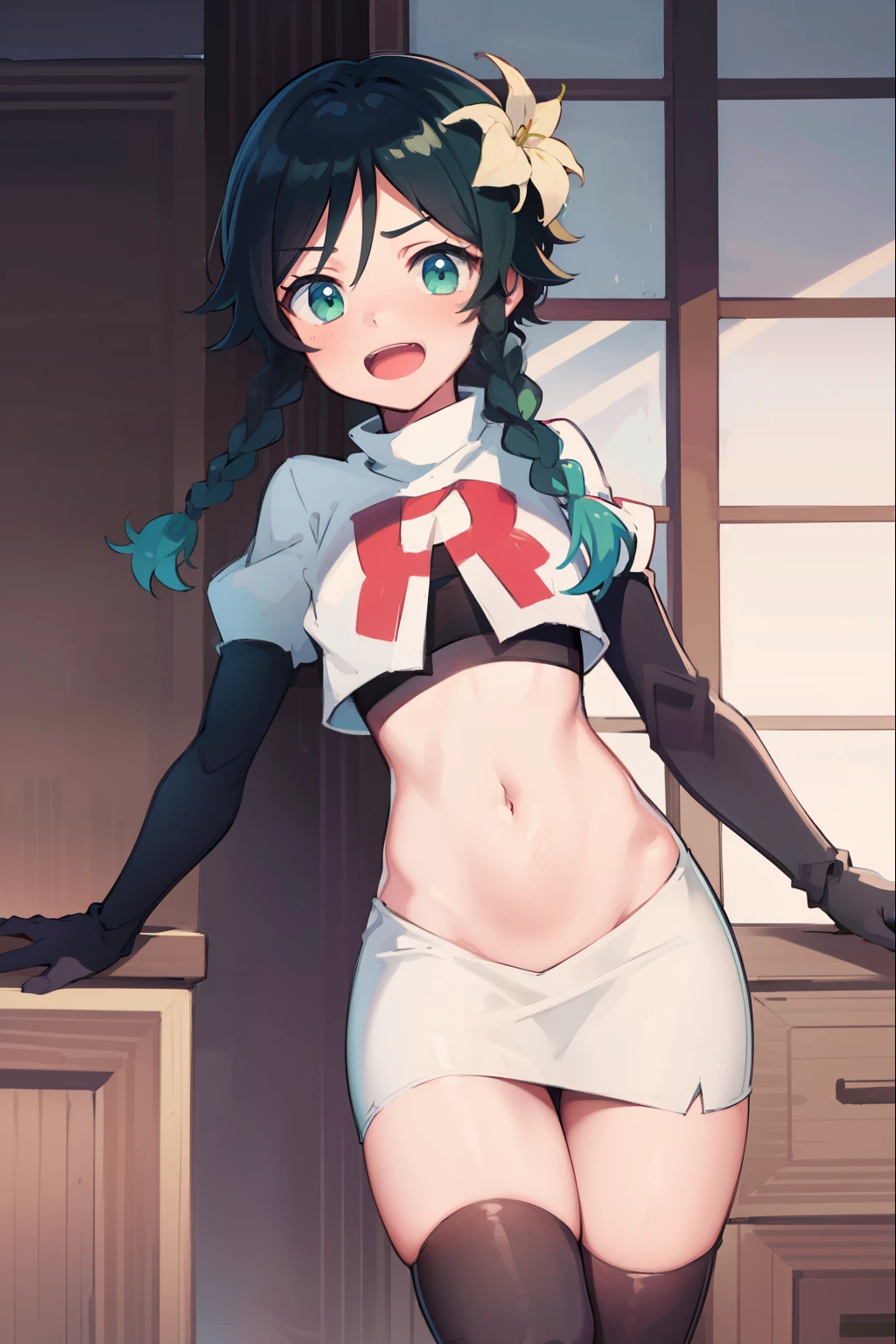 absurdres,venti,1boy, male focus, trap,black hair, green-blue hair, hair braid,hair flower,aqua green eyes,crossdressing,1boy,team rocket,team rocket uniform,white skirt,red letter R,crop top,black thigh-highs,black elbow gloves, laughing,happy, blush