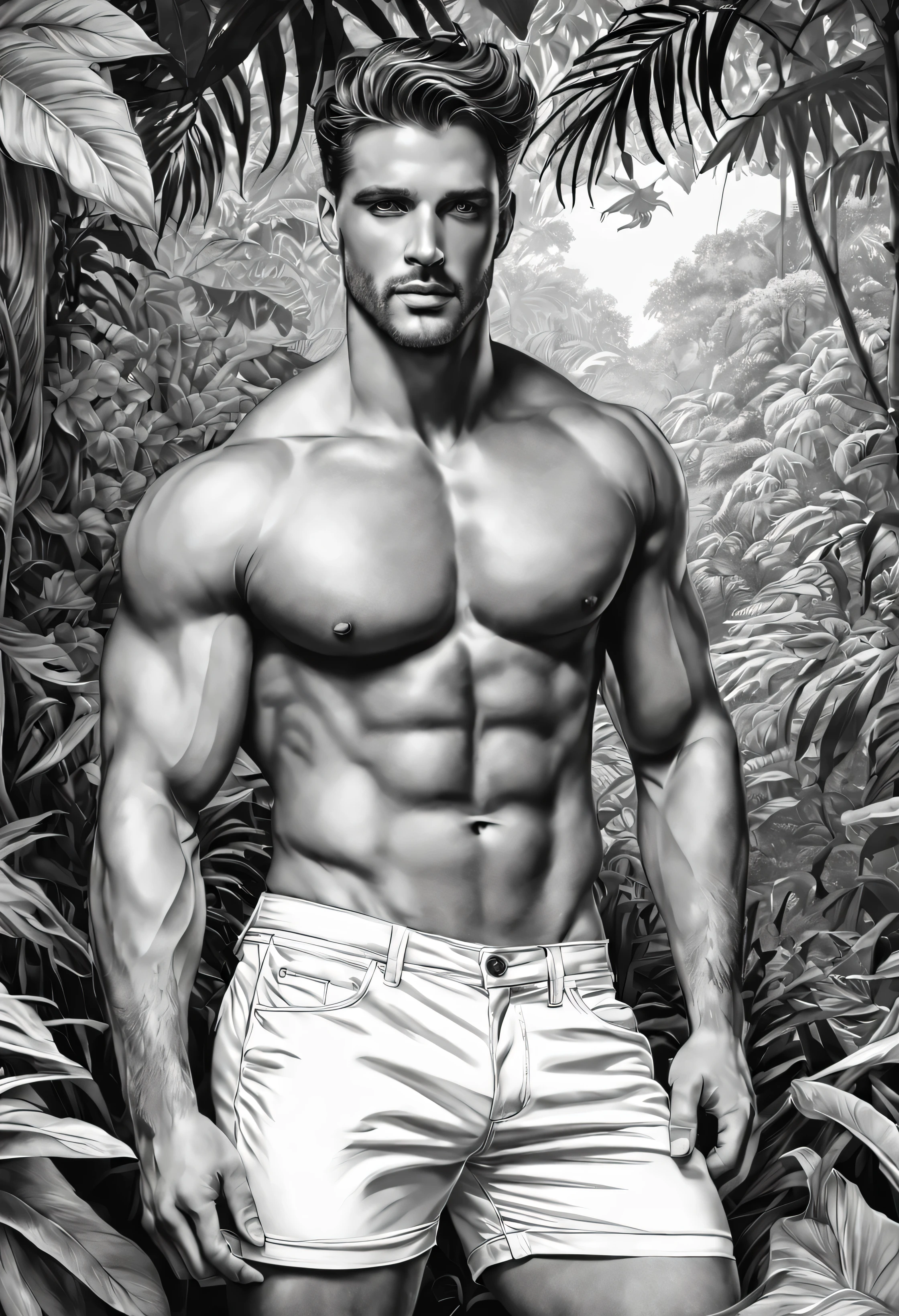 Coloring page for adults, com arte em preto e branco, um homem bonito, com lindos olhos, vestindo apenas shorts brancos, com estilo cativante, galante, sedutor, MUITO SENSUAL, sexually provocative action, large volume of penis highlighted in shorts, Comprimento total do corpo, desenho ultra detalhado, this man is in a jungle, com uma bela paisagem, estilo realista, fundo branco, sketch style, apenas contornos, estilo de desenho animado, linhas finas, Livro de colorir, Linhas limpas, sharp lines, arte de linha limpa altamente detalhada, obras de arte requintadas.