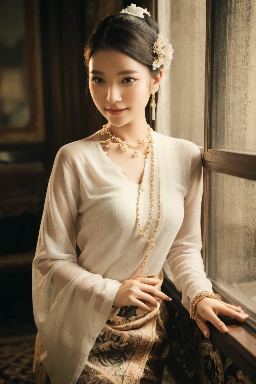 (best quality,4k,8k,highres,masterpiece:1.2),ultra-detailed,(realistic,photorealistic,photo-realistic:1.37),portrait,stunning Burmese patterned traditional dress lady,beautifully adorned,eye-catching brocade patterns,rich and vibrant colors,detailed embroidery work,exquisite textures,meticulously handcrafted dress,vividly captures the essence of Burmese culture,traditional floral motifs,graceful silhouette,fine folds and pleats,accentuates the lady's elegance,black single bun hair with flower,intricately arranged hairpiece,delicate and feminine,adds a touch of sophistication,soft yet confident expression,deep and captivating eyes,lustrous lips with a hint of a smile,flawless complexion,golden accessories,polished and refined,mesmerizing presence,subtle lighting,dramatic shadows,showcases the lady's grace and beauty,immersive visual experience, naked lady