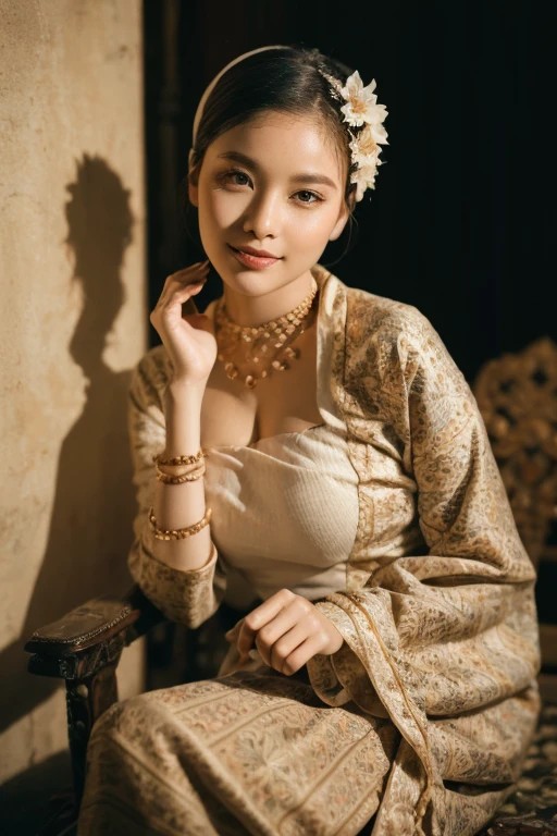 (best quality,4k,8k,highres,masterpiece:1.2),ultra-detailed,(realistic,photorealistic,photo-realistic:1.37),portrait,stunning Burmese patterned traditional dress lady,beautifully adorned,eye-catching brocade patterns,rich and vibrant colors,detailed embroidery work,exquisite textures,meticulously handcrafted dress,vividly captures the essence of Burmese culture,traditional floral motifs,graceful silhouette,fine folds and pleats,accentuates the lady's elegance,black single bun hair with flower,intricately arranged hairpiece,delicate and feminine,adds a touch of sophistication,soft yet confident expression,deep and captivating eyes,lustrous lips with a hint of a smile,flawless complexion,golden accessories,polished and refined,mesmerizing presence,subtle lighting,dramatic shadows,showcases the lady's grace and beauty,immersive visual experience,  lady