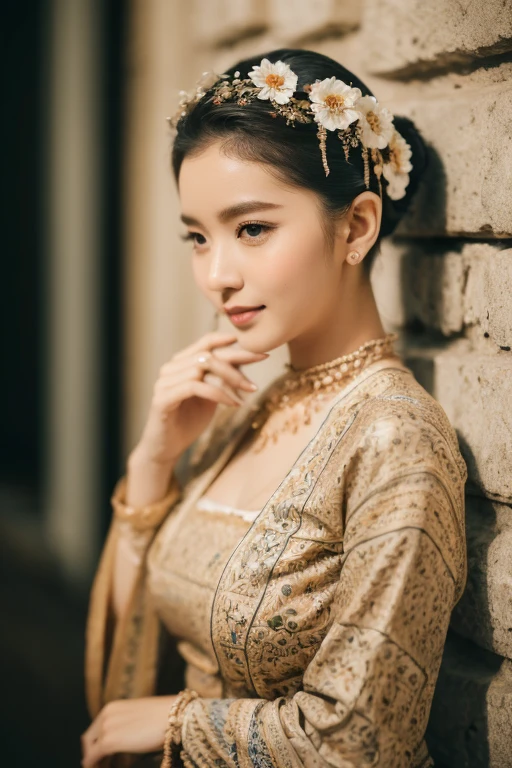 (best quality,4k,8k,highres,masterpiece:1.2),ultra-detailed,(realistic,photorealistic,photo-realistic:1.37),portrait,stunning Burmese patterned traditional dress lady,beautifully adorned,eye-catching brocade patterns,rich and vibrant colors,detailed embroidery work,exquisite textures,meticulously handcrafted dress,vividly captures the essence of Burmese culture,traditional floral motifs,graceful silhouette,fine folds and pleats,accentuates the lady's elegance,black single bun hair with flower,intricately arranged hairpiece,delicate and feminine,adds a touch of sophistication,soft yet confident expression,deep and captivating eyes,lustrous lips with a hint of a smile,flawless complexion,golden accessories,polished and refined,mesmerizing presence,subtle lighting,dramatic shadows,showcases the lady's grace and beauty,immersive visual experience, naked lady
