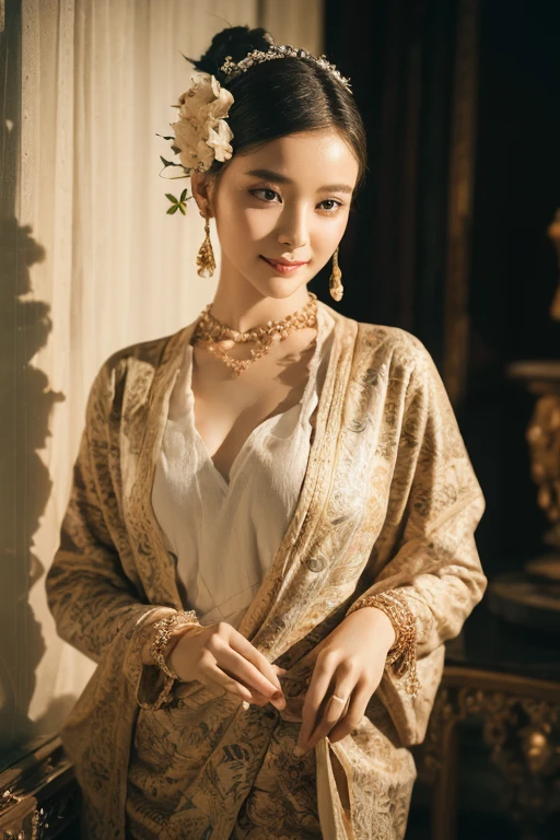 (best quality,4k,8k,highres,masterpiece:1.2),ultra-detailed,(realistic,photorealistic,photo-realistic:1.37),portrait,stunning Burmese patterned traditional dress lady,beautifully adorned,eye-catching brocade patterns,rich and vibrant colors,detailed embroidery work,exquisite textures,meticulously handcrafted dress,vividly captures the essence of Burmese culture,traditional floral motifs,graceful silhouette,fine folds and pleats,accentuates the lady's elegance,black single bun hair with flower,intricately arranged hairpiece,delicate and feminine,adds a touch of sophistication,soft yet confident expression,deep and captivating eyes,lustrous lips with a hint of a smile,flawless complexion,golden accessories,polished and refined,mesmerizing presence,subtle lighting,dramatic shadows,showcases the lady's grace and beauty,immersive visual experience,  lady