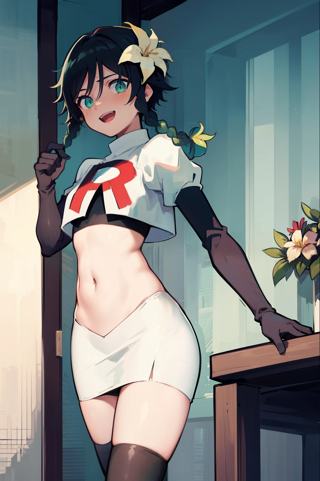 absurdres,venti,1boy, male focus, trap,black hair, green-blue hair, hair braid,hair flower,aqua green eyes,crossdressing,1boy,team rocket,team rocket uniform,white skirt,red letter R,crop top,black thigh-highs,black elbow gloves, laughing,happy, blush