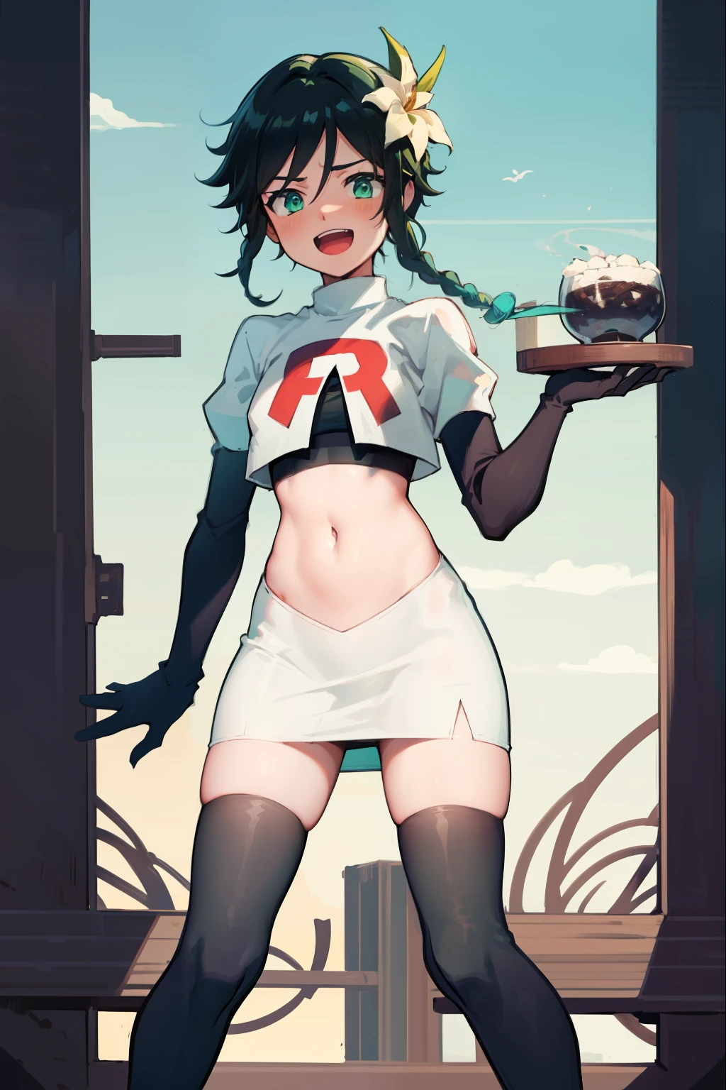 absurdres,venti,1boy, male focus, trap,black hair, green-blue hair, hair braid,hair flower,aqua green eyes,crossdressing,1boy,team rocket,team rocket uniform,white skirt,red letter R,crop top,black thigh-highs,black elbow gloves, laughing,happy, blush