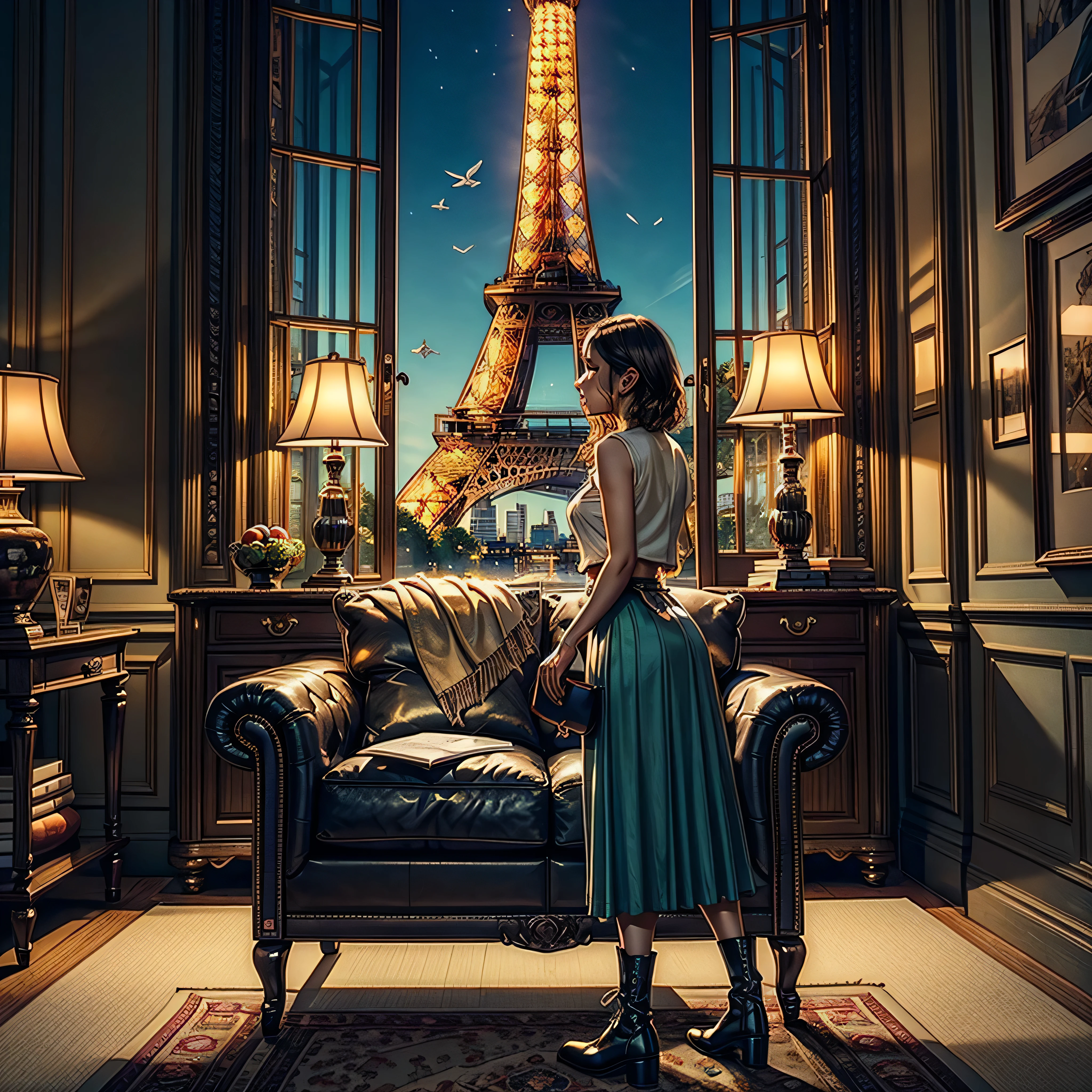 (epic Masterpiece, ultra highest quality, ulra highest resolution, ulra high-definition, distinct_image, very elaborate CG, cinematic lighting, ray tracing, drop shadows, detailed detail, (photorealistic: 1.4), ultra high quality textures, fine-grained, realistic face expression): (lone girl, face is Japan, brown short hair, small size breasts, sparkling eyes, Eye level shot, happy smile, beauty, slim body, holiday, own room, console game, computer, display, keyboard, mouse, long leather skirt, collared shirt, leather vest, handgun holder, carrying leather bag on your back, long boots, antique radio, coffee, model train, bookshelf, spacious yellowchair, Pots, fans, paintings, stuffed animals, ties, notebooks, stationery, vases, photo frames, letters, fountain pens, calendars, lamps, cushions, baskets, mirrors reflecting in profile, candles, telephone, fruit, newspapers, sweets, city Eiffel view outside the window), Pendulum clock frog varied multi etc. --v6 --s1000 --c20 --q5 --chaos100