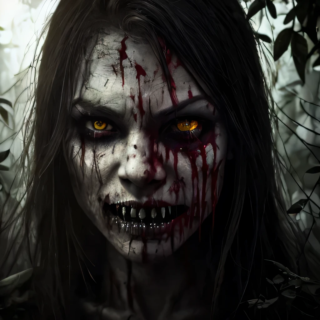 create image of scary , ghost , with bloody eye , in the jungle , dark night , realistic , horror , cinematic , ultra detailed , long tonge , and bloody yellowish sharp teeth , close up face ,pale skin , without lip