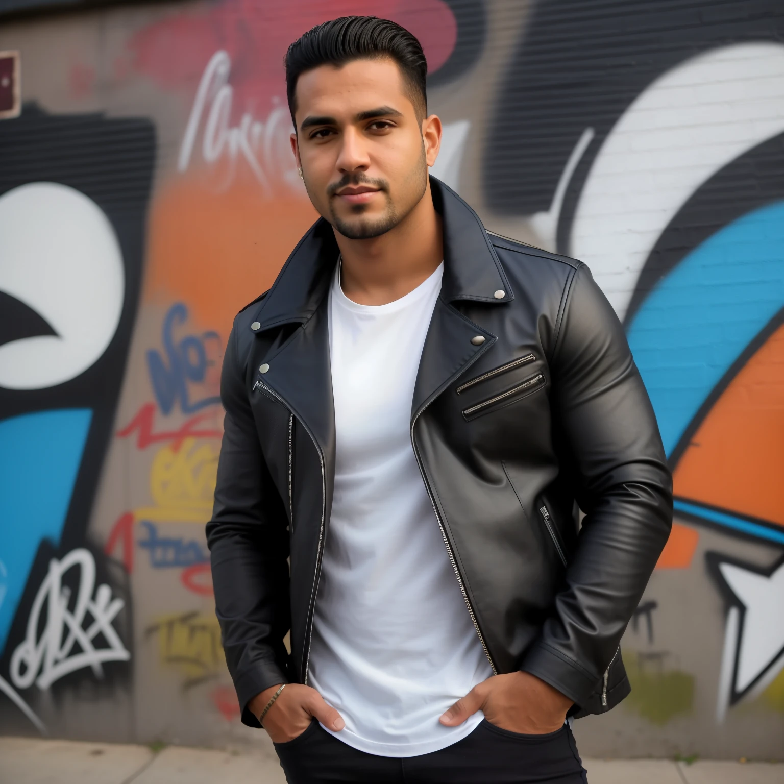 Um DJ brasileiro, bronzeado, cabelos curtos nem lisos nem crespos, 40 anos, queixo quadrado vestido com casaco de couro preto aberto na frente e camisa branca por dentro, Jeans, 85kg, corpo musculoso, pernas grossas, with your fingers in your pants pockets, encostado em uma parede grafitada, foto ultra realista, 8k