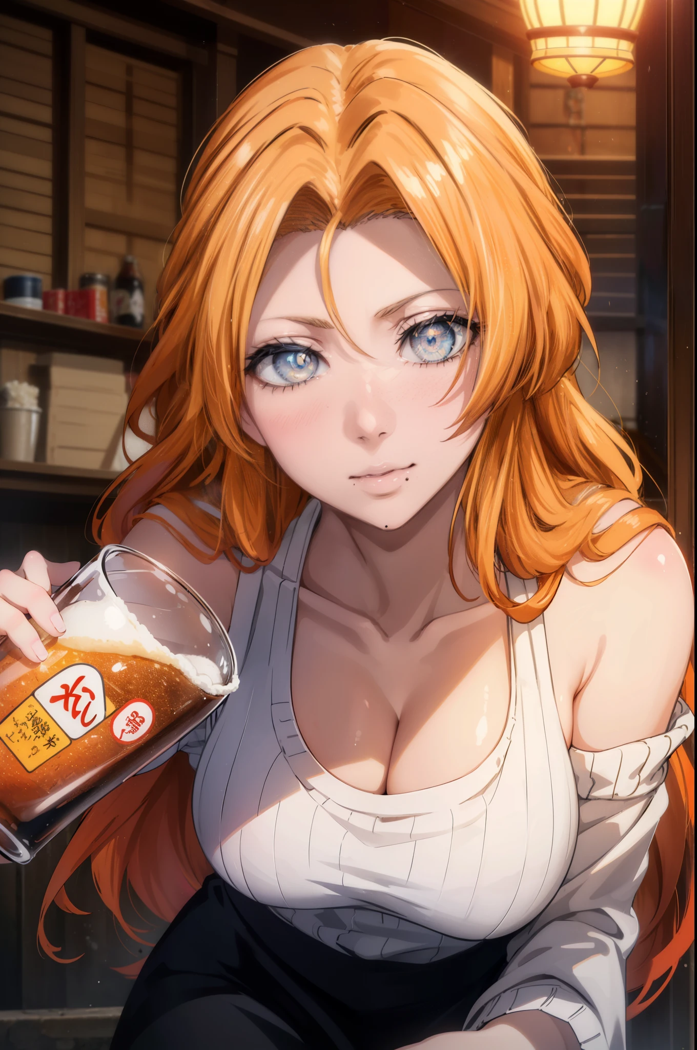 rangikumatsumoto, rangiku matsumoto, long hair, Red-orange hair, mole, mole under mouth, gray eyes,smile,happy atmosphere,mouth open,parted bangs, smile,white off shoulder sweater bare neck,bare clavicle,bare shoulders,black long skirt,There is a large beer mug and food on the table.,drinking party,
break indoors, Izakaya,
break looking at viewer, (cowboy shot:1.5),
break (masterpiece:1.2), highest quality, High resolution, unity 8k wallpaper, (figure:0.8), (detailed and beautiful eyes:1.6), highly detailed face, perfect lighting, Very detailed CG, (perfect hands, perfect anatomy),