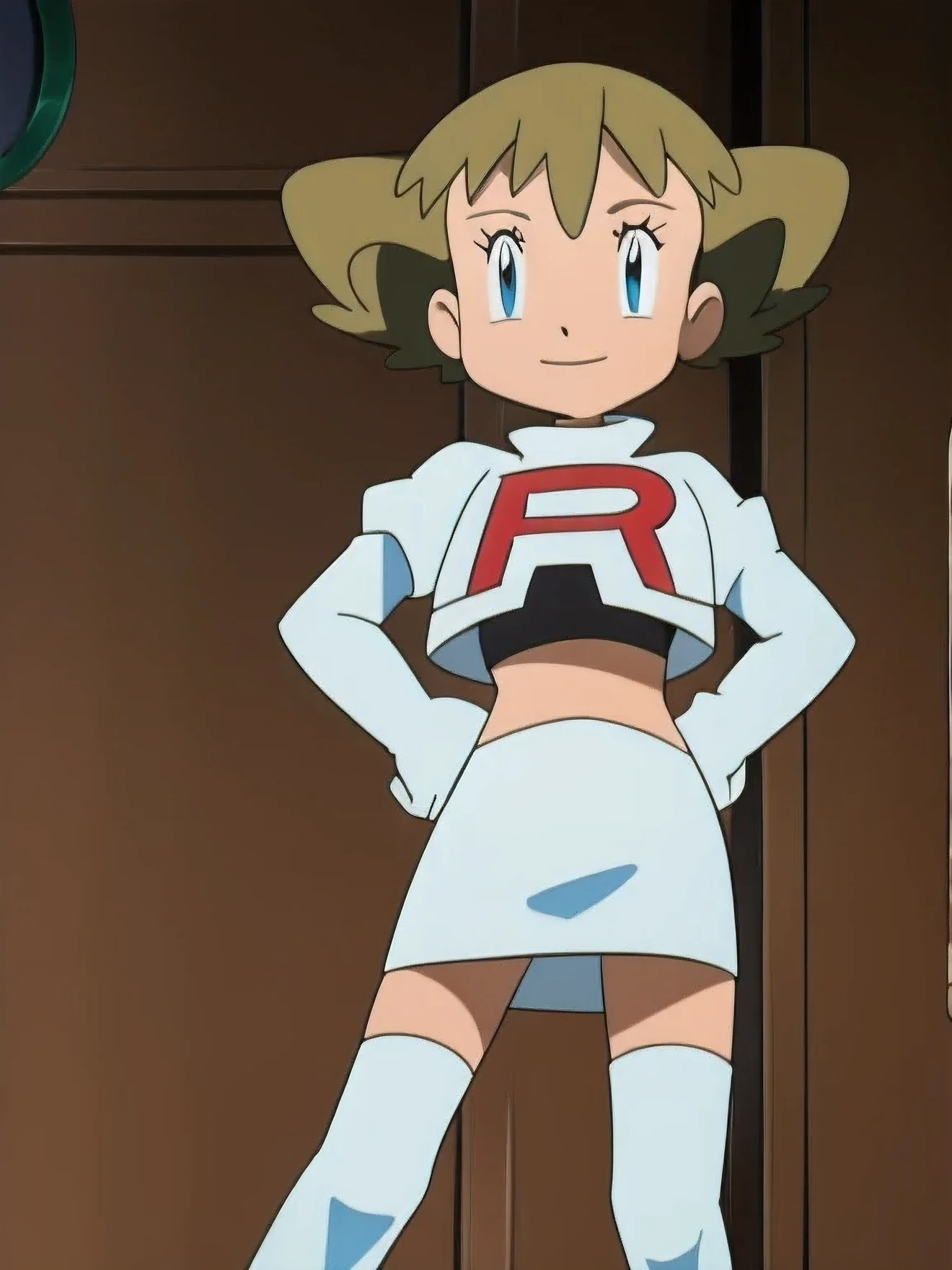 8k,1girl in, (solo:1.1), (perfect body:1.1), (best quality:1.1), very large breast, team rocket, team rocket uniform, red letter r, white skirt,white crop top,black thigh-high boots, black elbow gloves, smiling, looking down at viewer, hands on hips,zettai ryouiki,cowboy shot