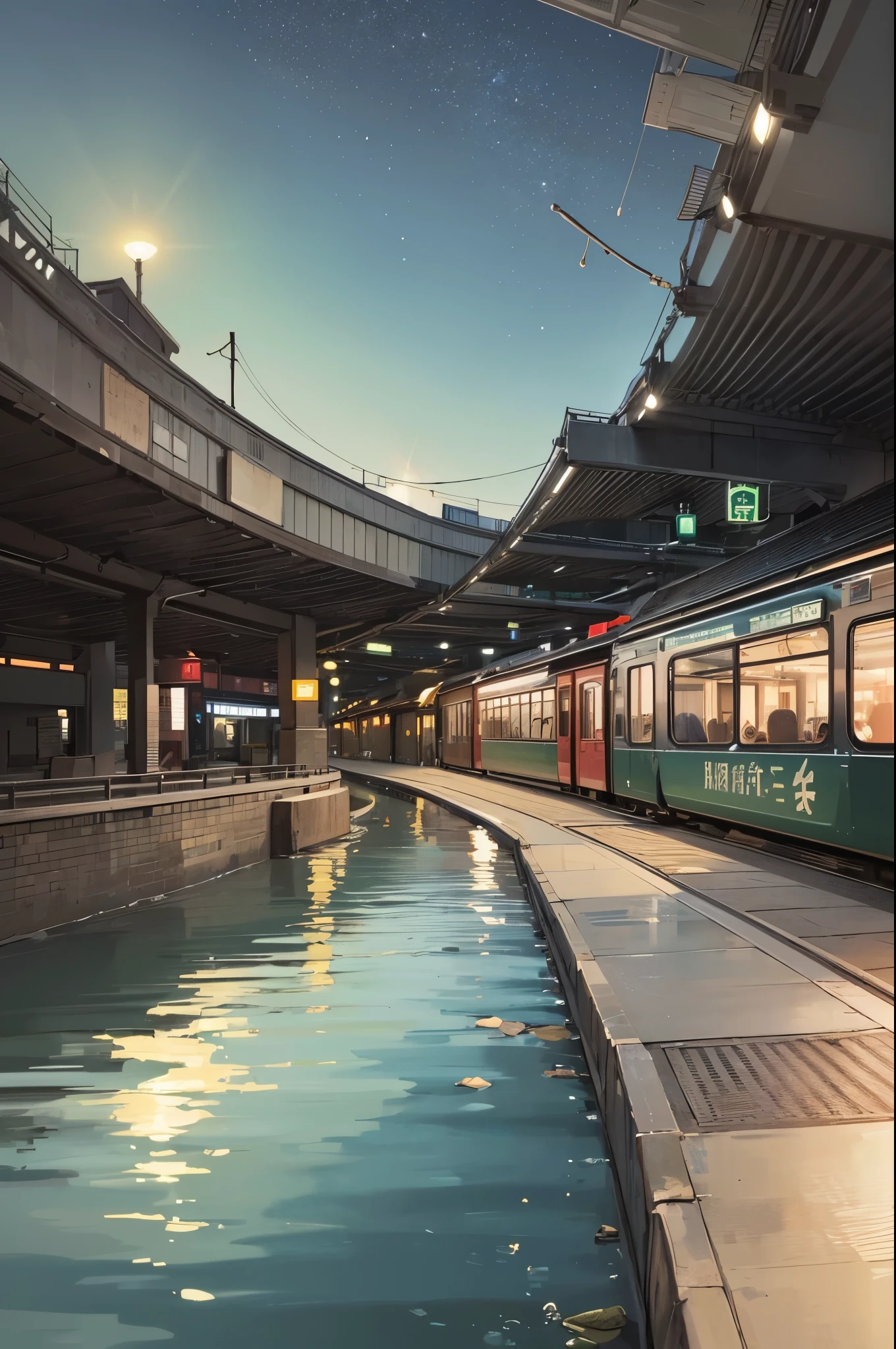 comics，body of water at train station, bright starry sky. romantic train station, Xin Haicheng&#39;s pictures, pure, concept art, Lofi Art style, reflection. author：Xin Haicheng, Lofi Art, Beautiful anime scene, anime scenery, Detailed Landscape—Width 672, Xin Haicheng&#39;s style, Xin Haicheng的風格, Enhance details.