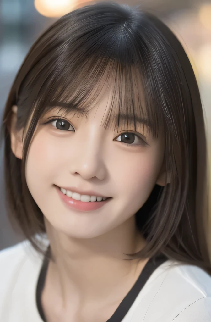 table top, highest quality, 8k, 15 year old student, Japanese、teen, RAW photo, award winning portrait, laughter, alone, night, idol face, viola lace, gardenia, delicate girl, Upper body, Digital single-lens reflex camera, looking at the viewer, Frank, Sophisticated, Zora々right, thin arms, professional lighting, film grain, chromatic aberration, (Eye and face details:1.0), black haired、drooling eyes、Japanese high school girl、cute face:1.2,
