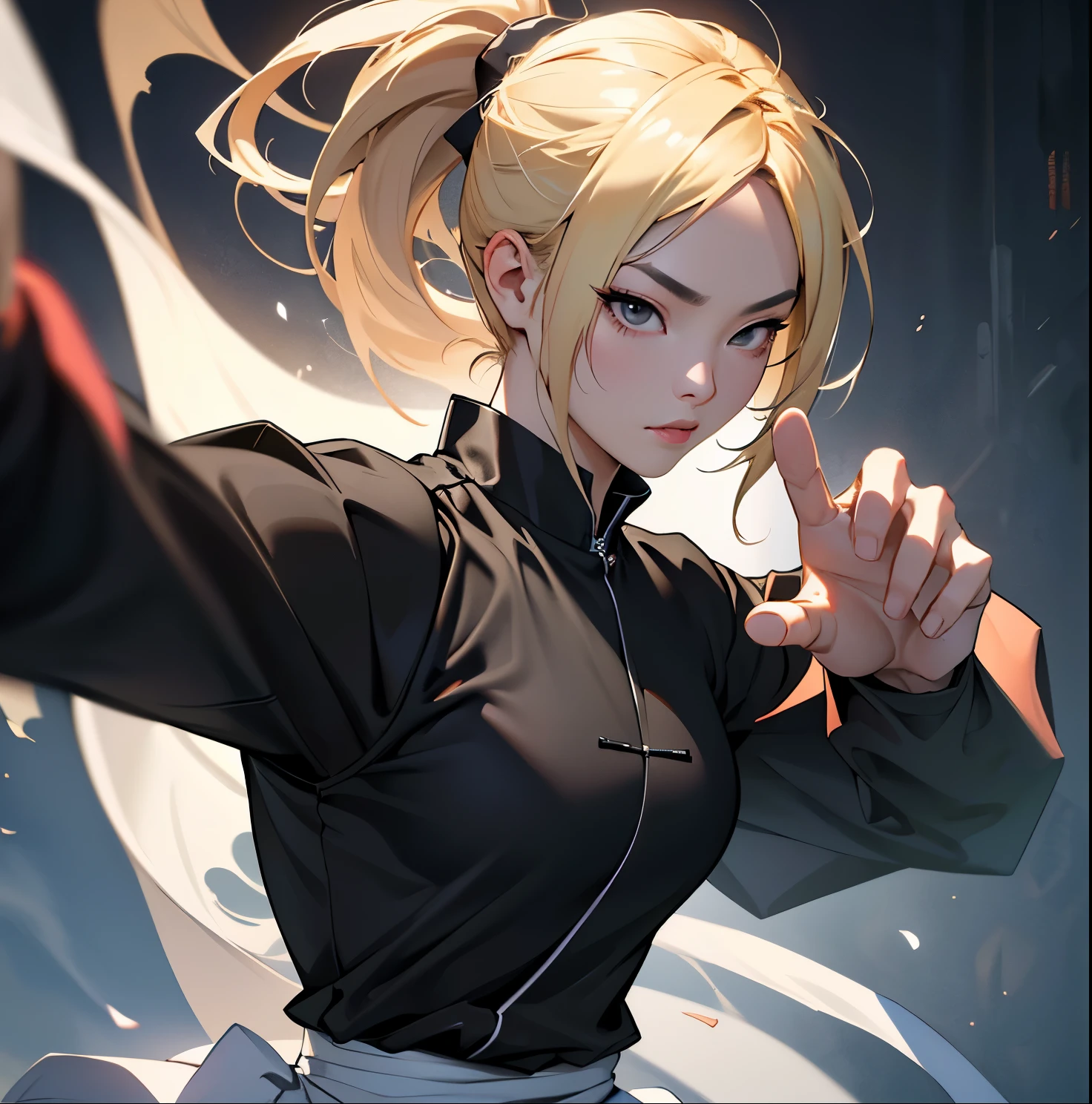 A Korean woman with blonde hair and black eyes, wearing tight black clothing, practicing kung fu. Stable diffusing prompt: (best quality,4k,8k,highres,masterpiece:1.2), ultra-detailed, realistic:1.37, anatomically correct. 