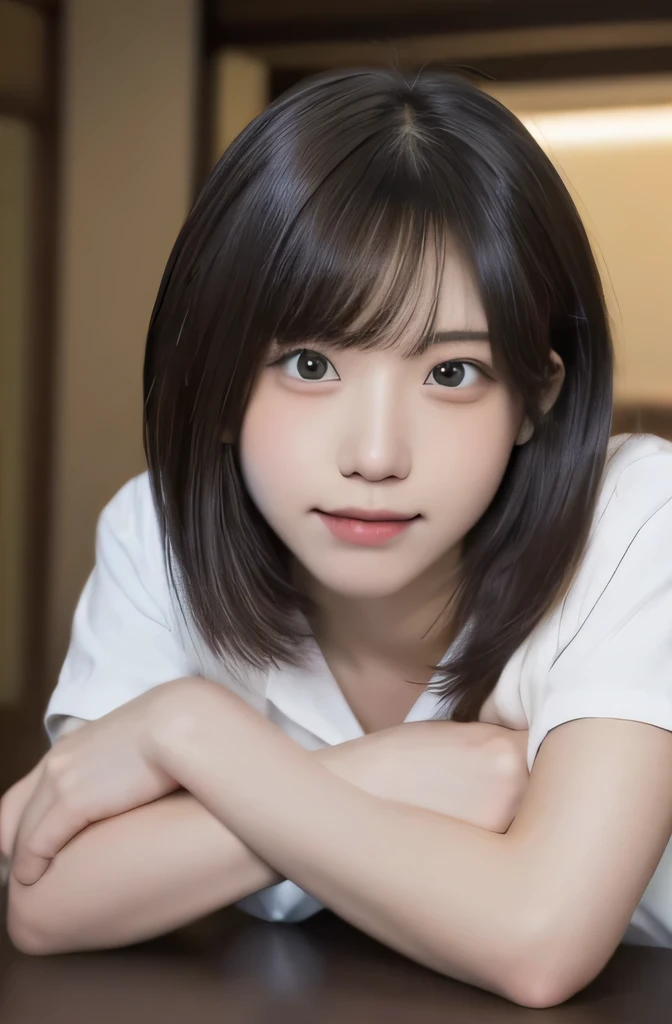 downbrouse、No bangs:1.10、straight flat chest:1.20, (leaning-forward:1.3)、(oversize tshirt、Loose-fitting T-shirt、Low Cut T-Shirt:1.5)、bra very.10, Pink areola is visible:1.20,  A Cup:1.20, Erotic, (top-quality、8K、32K、​masterpiece)、japanes、17 age、Very pretty girl、a beauty girl、crouching down、Bright smile、outside of house、shinny skin、blurry backround、short-cut:1.10、Ear hooks:1.20, A dark-haired:1.10, Upper body close-up、Shot from above　Kiss Face,sad Facial expression,embarassed expression,Alafed Girl, chiho, iwakura lain, closeup Iwakura Lain, With short hair, Shiori Teshirogi, Kotegawa Yui, hime-cut, She is , sui ishida with black hair, lain iwakura, girl cute-fine-face, Clear pubic contours,(Small breasts), hight resolution, ighly detailed, top-quality, [​masterpiece:1.6],, ighly detailed, nffsw, finely detail, top-quality, , Cinematographic lighting, 1girl in、17 age、Cute Japan Girls、perfect body type、, Cute droopy eyes、Beautiful big eyes、ultra-detailliert、hight resolution、Transcendent beauty　top-quality、​masterpiece、majicMIX Real、(Raw photography:1.2)、(Photorealsitic:1.4)、