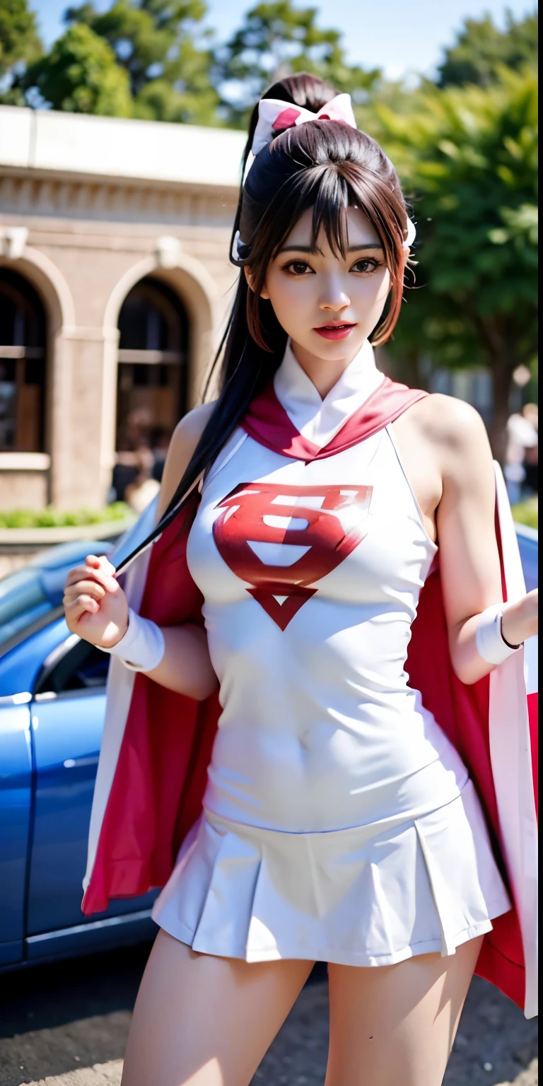 real image、beautiful woman、Highest image quality、ponytail、mini skirt、white panties、Alafi takes a photo wearing pink clothes and a cloak, V-chest open clothes, with cloak, smooth white tight clothing suit, anime girl cosplay, Superhero Girl, Trending on cgstation, anime cosplay, Cute girl in a tank suit, korean girl, Shahi, Chen Xintong, Wenfei Ye, wearing a two-piece swimsuit