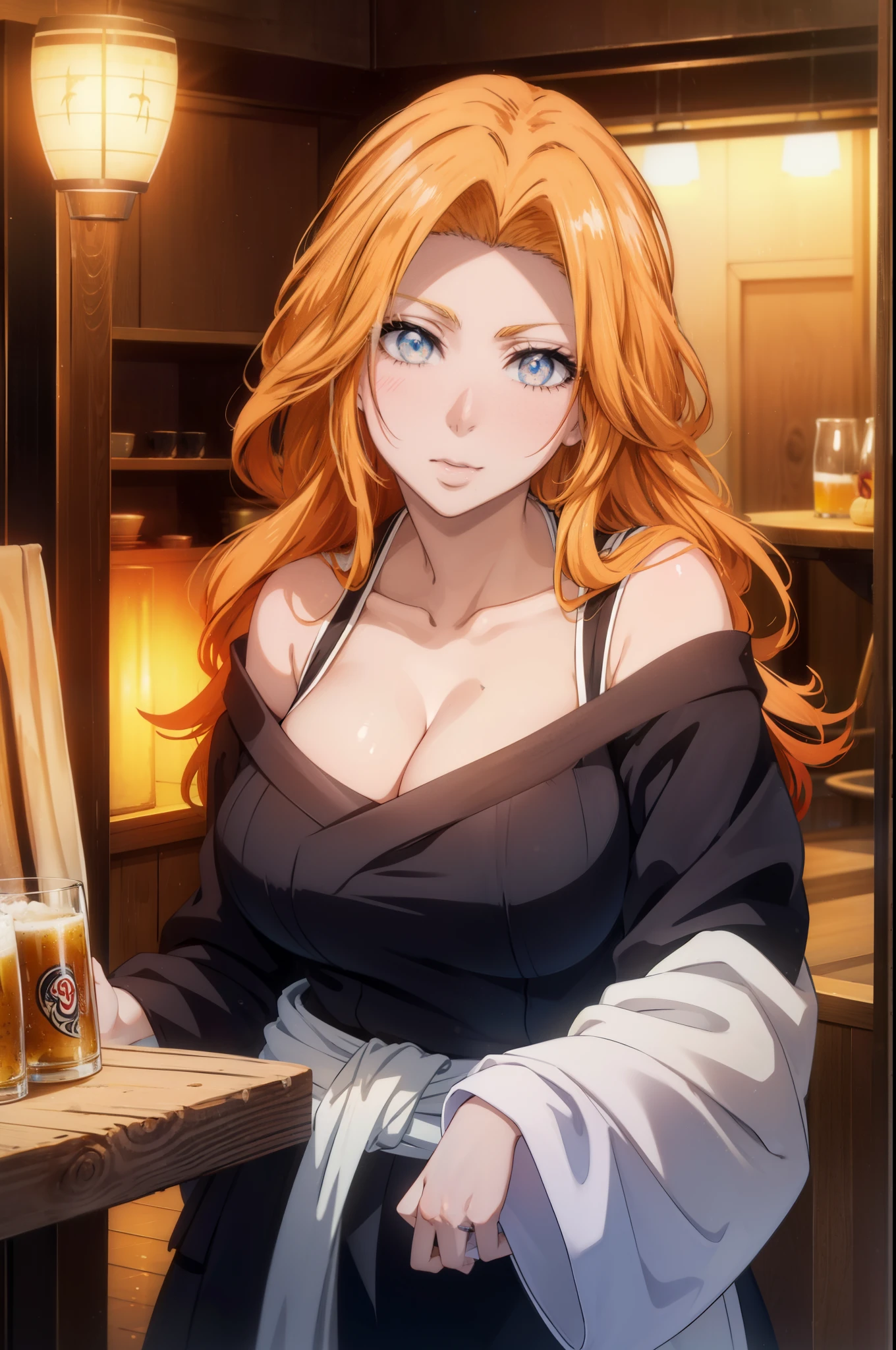 rangikumatsumoto, rangiku matsumoto, long hair, Red-orange hair, mole, mole under mouth, gray eyes,smile,happy atmosphere,mouth open,parted bangs, smile,white off shoulder sweater bare neck,bare clavicle,bare shoulders,black long skirt,There is a large beer mug and food on the table.,drinking party,
break indoors, Izakaya,
break looking at viewer, (cowboy shot:1.5),
break (masterpiece:1.2), highest quality, High resolution, unity 8k wallpaper, (figure:0.8), (detailed and beautiful eyes:1.6), highly detailed face, perfect lighting, Very detailed CG, (perfect hands, perfect anatomy),