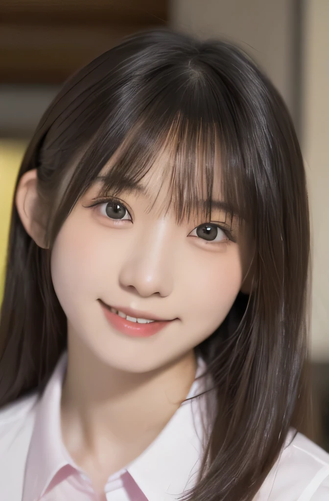 table top, highest quality, 8k, 15 year old student, Japanese、teen, RAW photo, award winning portrait, laughter, alone, night, idol face, viola lace, gardenia, delicate girl, Upper body, Digital single-lens reflex camera, looking at the viewer, Frank, Sophisticated, Zora々right, thin arms, professional lighting, film grain, chromatic aberration, (Eye and face details:1.0), black haired、drooling eyes、Japanese high school girl、cute face:1.2,