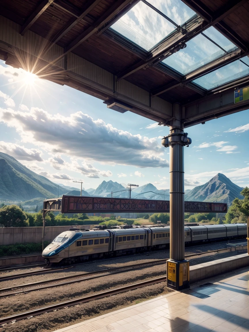 (train station scene:1.5)，A train stops quietly on the tracks，Surrounded by tranquil fields and distant mountains。Warm colors in the picture，The sun shines through the clouds on the train and the platform，It creates a peaceful and comfortable atmosphere。Highlight the details and texture of the train，And the architectural style and feel of the train station。No one appears，Let the picture pay more attention to the expression of nature and environment，3D rendering miniature scene design，miniature diorama，Transparent material，Pipe conveying materials，rich and colorful，futuristic，Graphic design inspiration illustration，emerging rendering，mixer，Unreal Engine，HDR, HD，best quality