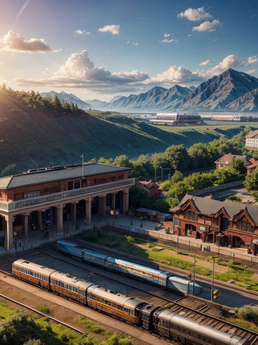 (train station scene:1.5),A train stops quietly on the tracks,Surrounded by tranquil fields and distant mountains。Warm colors in the picture,The sun shines through the clouds on the train and the platform,It creates a peaceful and comfortable atmosphere。Highlight the details and texture of the train,And the architectural style and feel of the train station。No one appears,Let the picture pay more attention to the expression of nature and environment,3D rendering miniature scene design,miniature diorama,Transparent material,Pipe conveying materials,rich and colorful,futuristic,Graphic design inspiration illustration,emerging rendering,mixer,Unreal Engine,HDR, HD,best quality