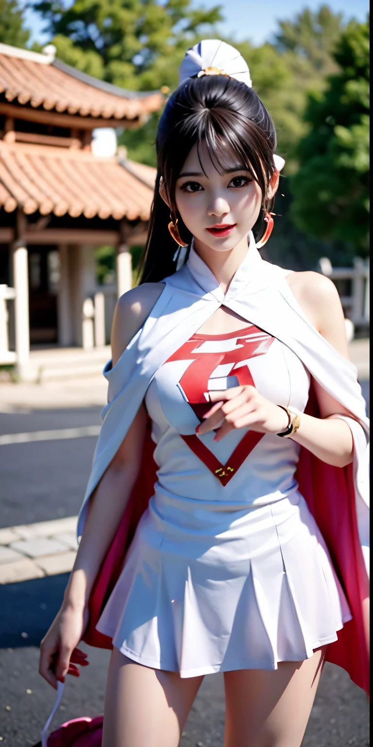 real image、beautiful woman、Highest image quality、ponytail、mini skirt、white panties、Alafi takes a photo wearing pink clothes and a cloak, V-chest open clothes, with cloak, smooth white tight clothing suit, anime girl cosplay, Superhero Girl, Trending on cgstation, anime cosplay, Cute girl in a tank suit, korean girl, Shahi, Chen Xintong, Wenfei Ye, wearing a two-piece swimsuit