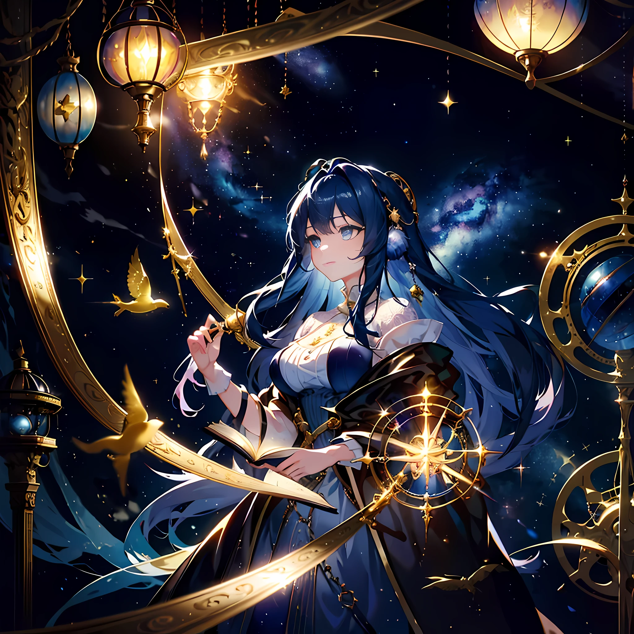 (best quality,4k,8k,highres,masterpiece:1.2),ultra-detailed,(realistic,photorealistic,photo-realistic:1.37),1girl,dark blue hair,light blue eyes,steampunk,big breasts,constellations,library,golden birds,shooting stars,antique furniture,brass gears,vintage books,old-fashioned lanterns,victorian dress,elaborate tattoos,mysterious atmosphere,detailed background,soft candlelight,enchanted ambiance,ornate bookshelves,whimsical clockwork devices,mesmerizing spiral staircase,grand chandelier,exquisite floral patterns,dusty manuscripts,hidden passages,antique telescope,cosmic illustrations,vibrant blue aurora,magic-infused ink,sparkling celestial dust,dreamlike setting,pensive expression,surreal beauty,timeless enchantment,otherworldly allure,adventurous spirit,treasure trove of knowledge,full body