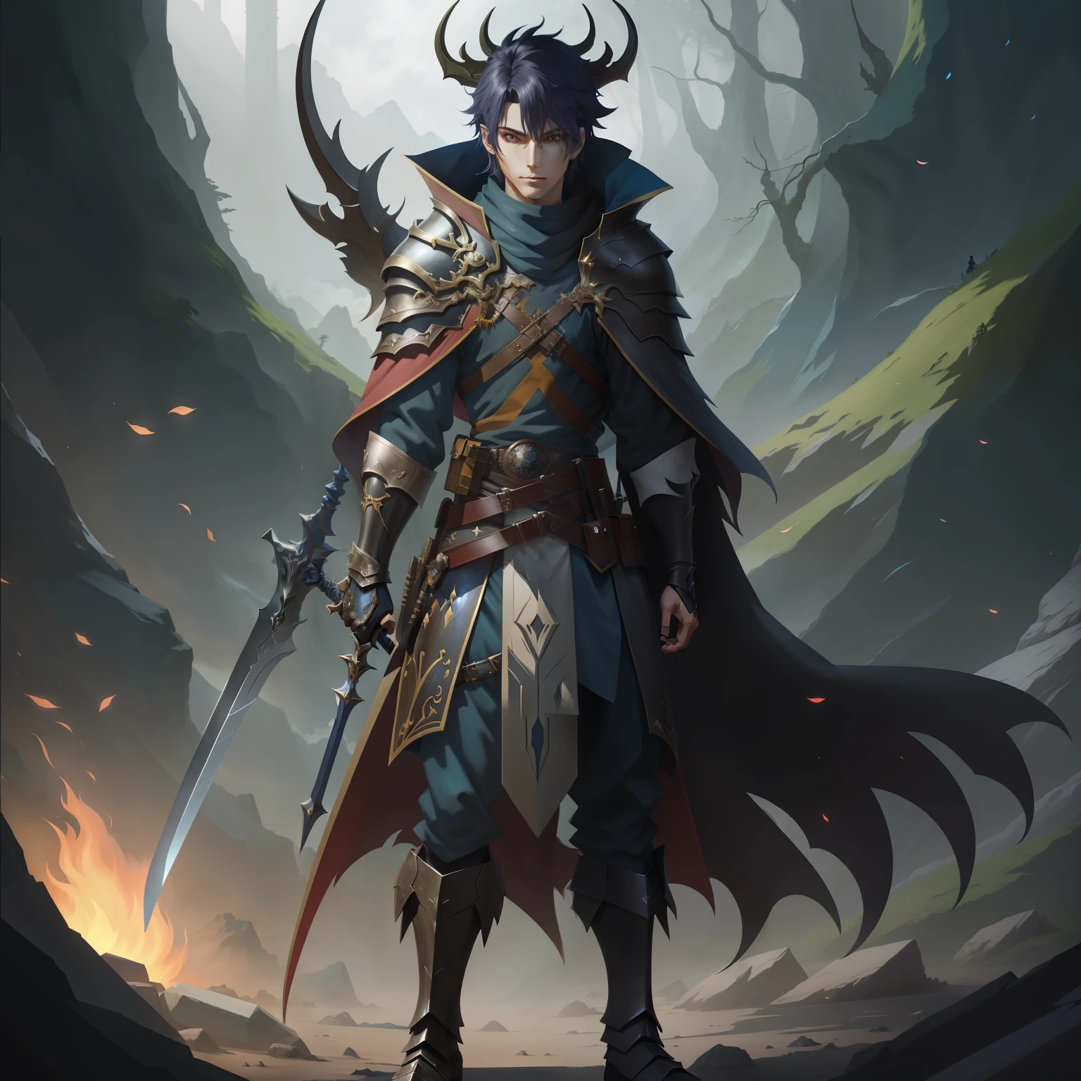 anime character with sword and armor standing in a dark forest, RPG retrato de corpo inteiro, retrato de RPG de corpo inteiro, epic fantasy art style, personagem de RPG art, epic fantasy digital art style, Full-length portrait of the magic knight, personagem de arte conceitual de RPG, epic rpg portrait, 2. arte de fantasia de anime 5 d cgi, anime em estilo fantasia, retrato de personagem dnd de corpo inteiro, personagem de RPG