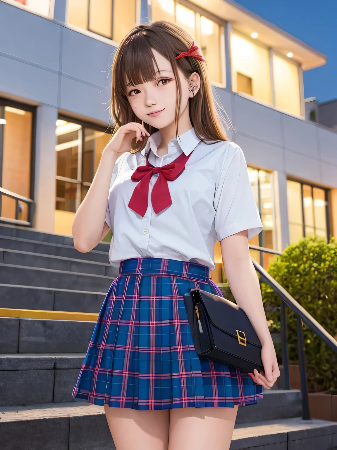 high school girl evening school building night