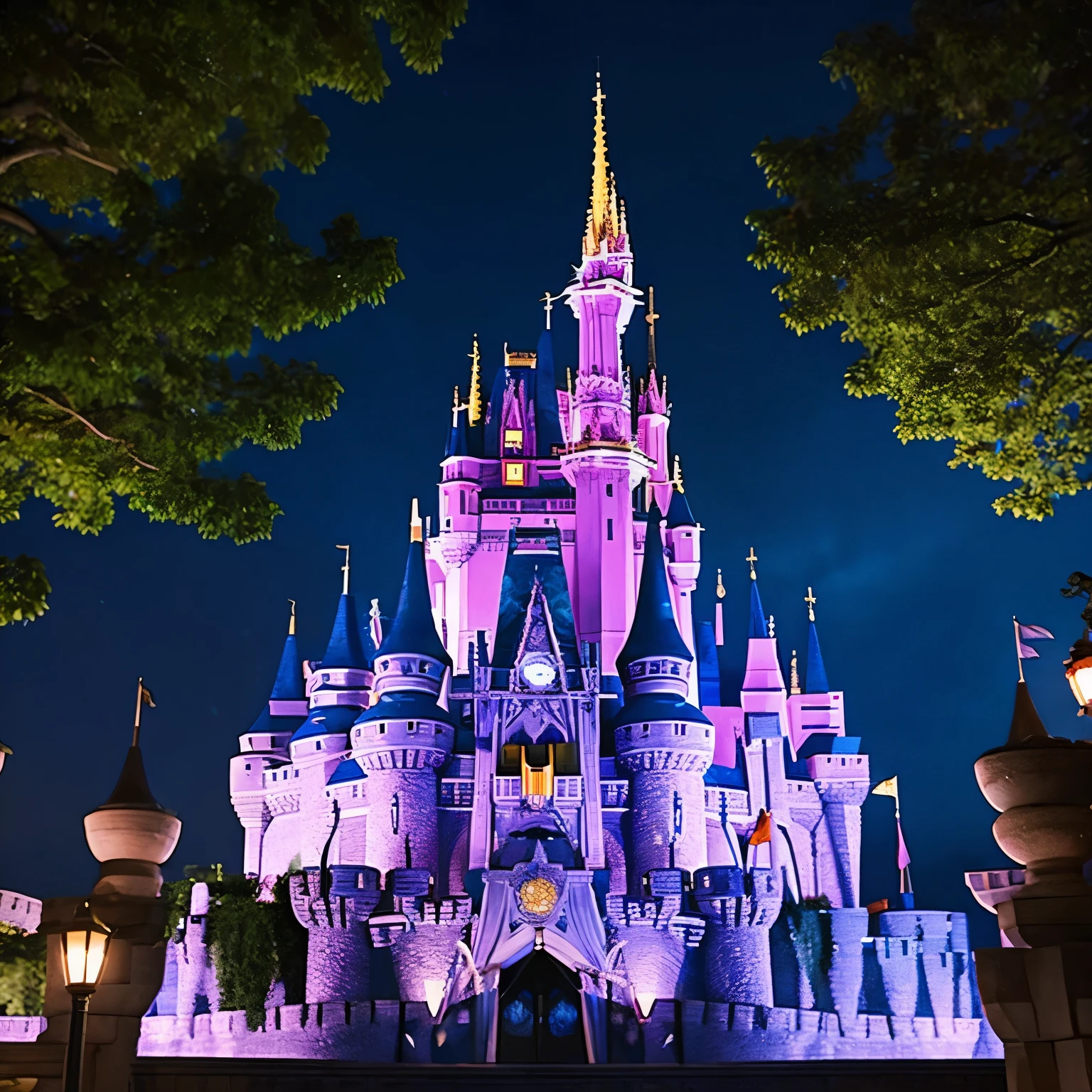 disney movie opening front of castle distant view night view purple