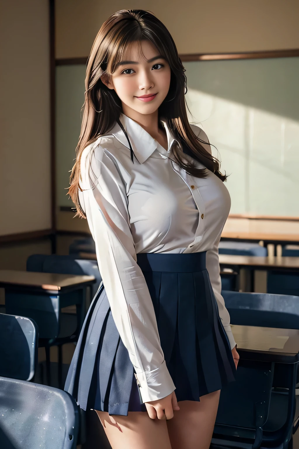 ((Japanese beautiful girl:1.3)) ((uniform:1.4)) ((shooting:1.5)) (()),((dark blue skirt:1.3)) ((in the classroom:1.3)) ((thin_fabric:1.4)) ((casual sexy pose:1.3)) ((Sweaty:1.5))((Blushed:1.4)) ((big breasts:1.4)) ((close up:1.2)) best quality,masterpiece,ultra high resolution,(lifelike:1.4),original photo,(lifelike的皮肤纹理:1.3),(film grain:1.3),panoramic,portrait,very wide lens,Yao Liu,Cowboy shooting,(in the darkness, deep shadow, low profile, cold light,) night,(()),burst into tears,,dust,Tyndall effect,(Express),1 girl,Beautiful and detailed eyes and face,white jabot,brown eyes,((brown hair:1.2)) ((whole body:1.3)) ((Smile:1.3))