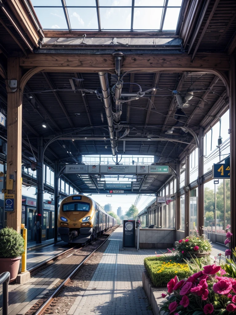 Edge&#39;s dystopian busy train station, Transport vehicles parked at the station and bright signs, Pedestrians move synchronously, Rainwater creates reflective pools on the ground