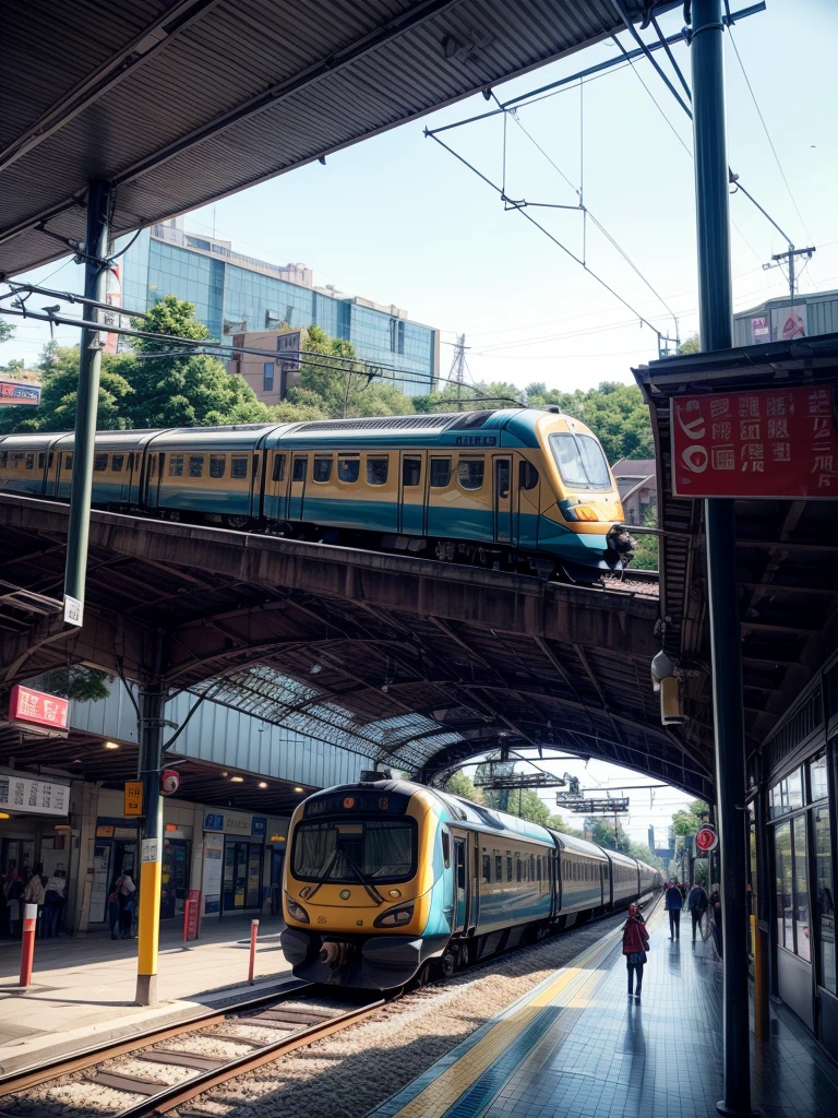 Edge&#39;s dystopian busy train station, Transport vehicles parked at the station and bright signs, Pedestrians move synchronously, Rainwater creates reflective pools on the ground