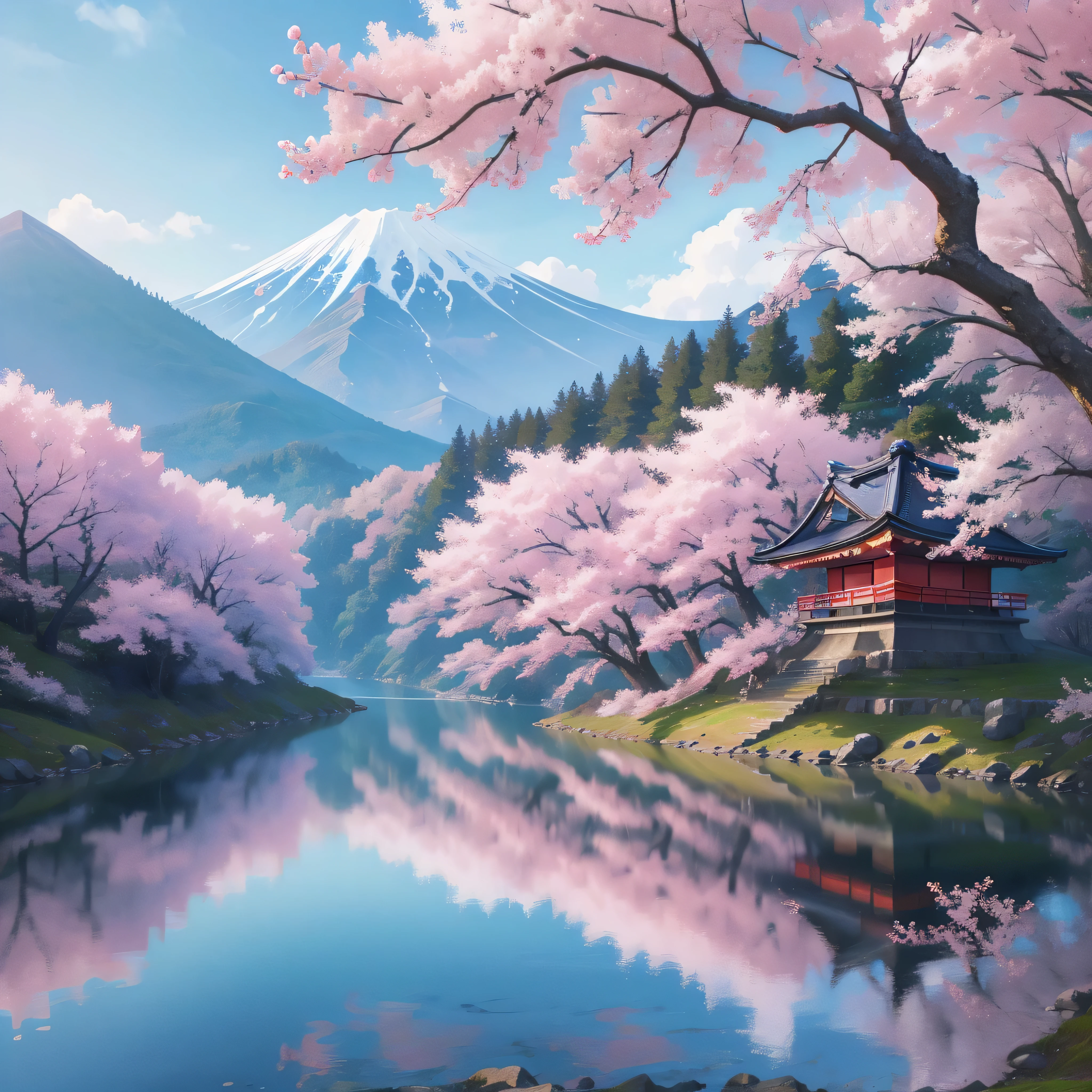Landscape, Japan, Mount Fugi in background, cherry trees, water color, muted colors, high detail, 8k