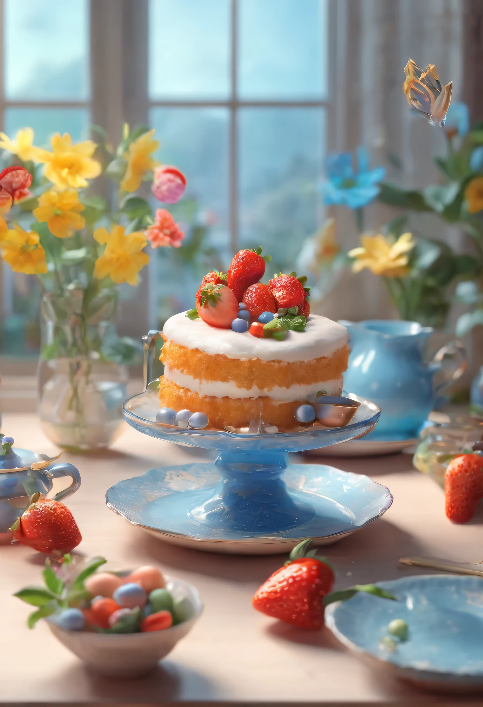 illustration， 3d rendering (Place cake into blue tea cup), (flowers, strawberry, fruit, Butterfly),photography,Alphonse Mucha (Alphonse Mucha) a beautiful painting,glaze,happy atmosphere,Rendered by Octane,corona rendering,high detail,super quality,high resolution,8 Qing Dynasty Painting Art,dripping paint,Easter Egg,Egg garnish,glass paint,