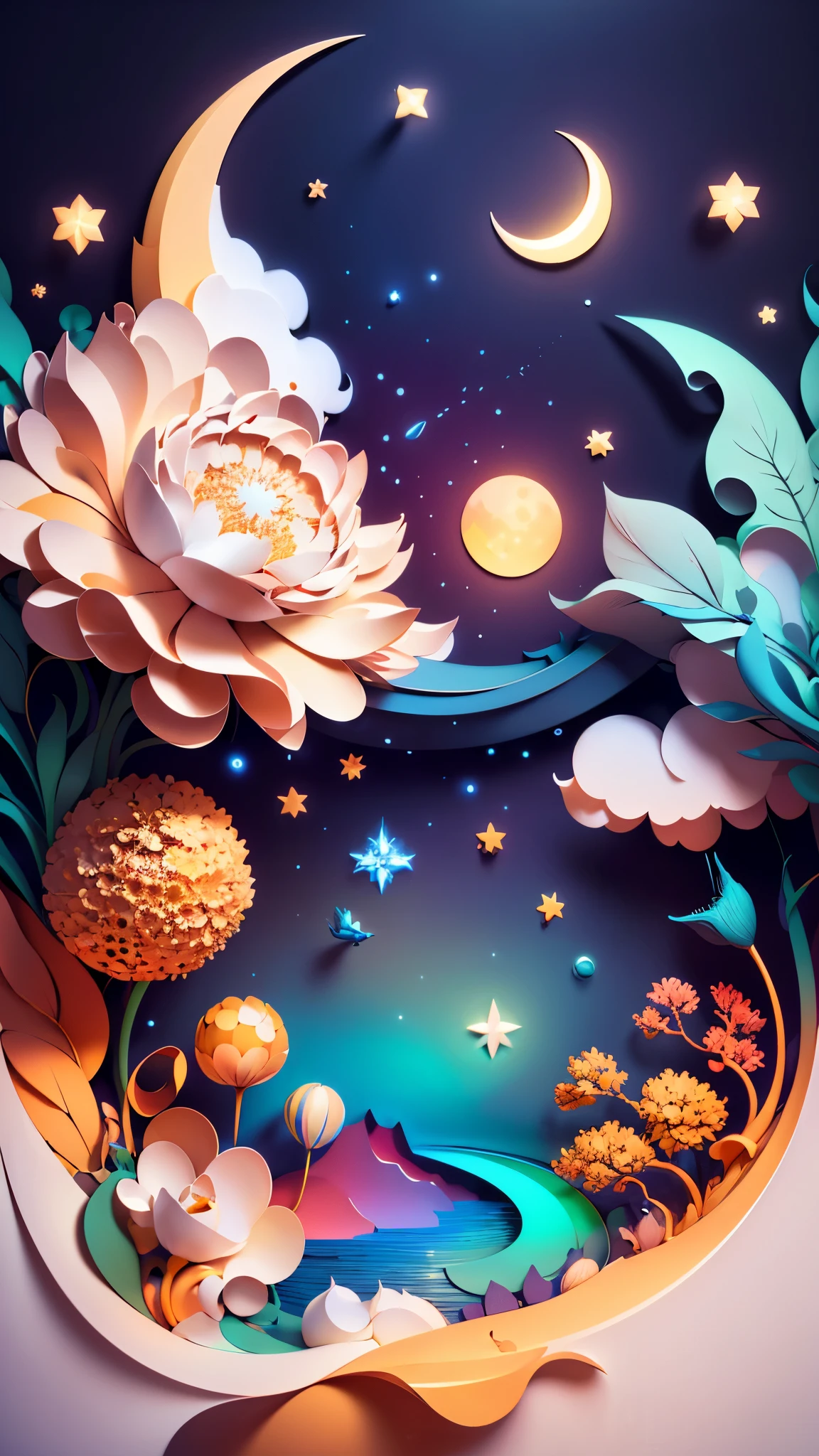 (((masterpiece))),best quality, illustration, sky, cloud, star \(symbol\), night, bird, moon, star \(sky\), night sky, starry sky, vibrant color scheme, Soft light,(warm color:1.2),Water color painting, light background, best quality exquisite details,3d rendering,Octane render, paper_cut