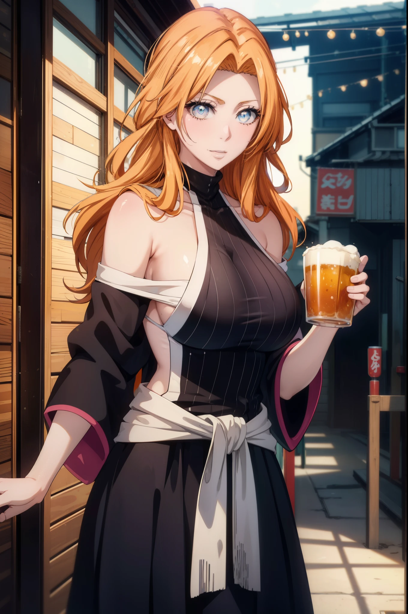 rangikumatsumoto, rangiku matsumoto, long hair, Red-orange hair, mole, mole under mouth, gray eyes,smile,happy atmosphere,mouth open,parted bangs, smile,white off shoulder sweater bare neck,bare clavicle,bare shoulders,black long skirt,There is a large beer mug and food on the table.,drinking party,
break indoors, Izakaya,
break looking at viewer, (cowboy shot:1.5),
break (masterpiece:1.2), highest quality, High resolution, unity 8k wallpaper, (figure:0.8), (detailed and beautiful eyes:1.6), highly detailed face, perfect lighting, Very detailed CG, (perfect hands, perfect anatomy),