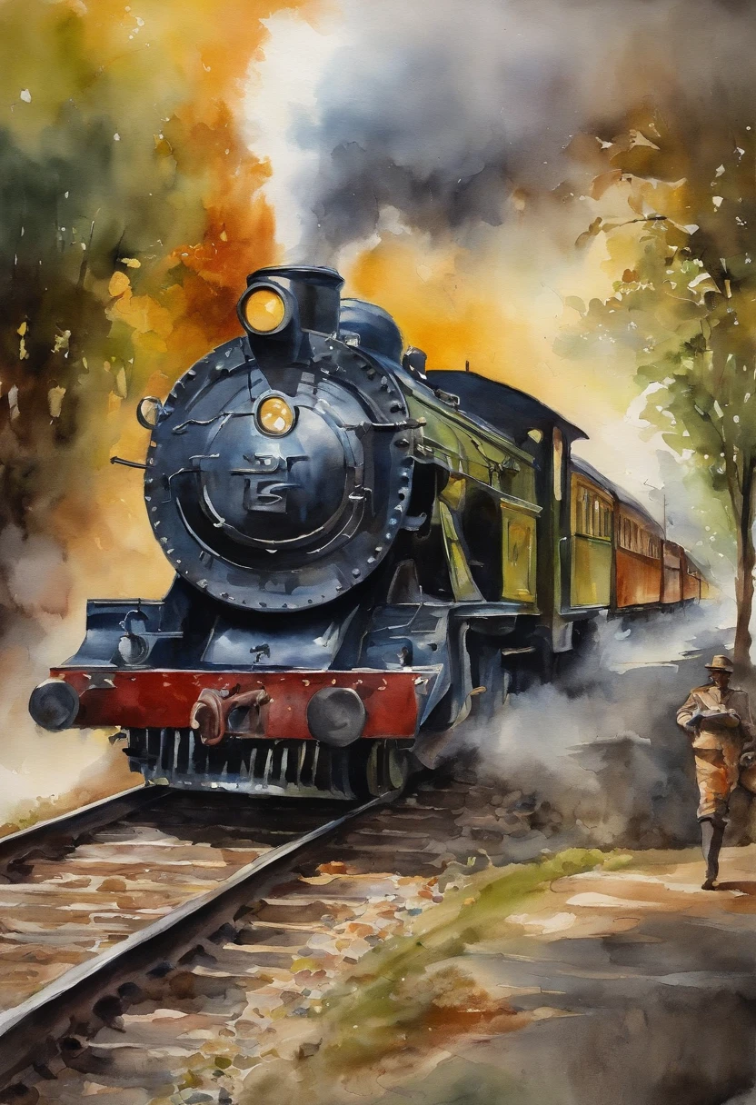 Painting of a train station,The train pulls into the station,Retro steam train pulling into the station.详细的watercolor painting,watercolor painting, CG Society Competition Winners, socialist realism, 详细的watercolor painting, Detailed painting in gouache, 详细的watercolor painting,