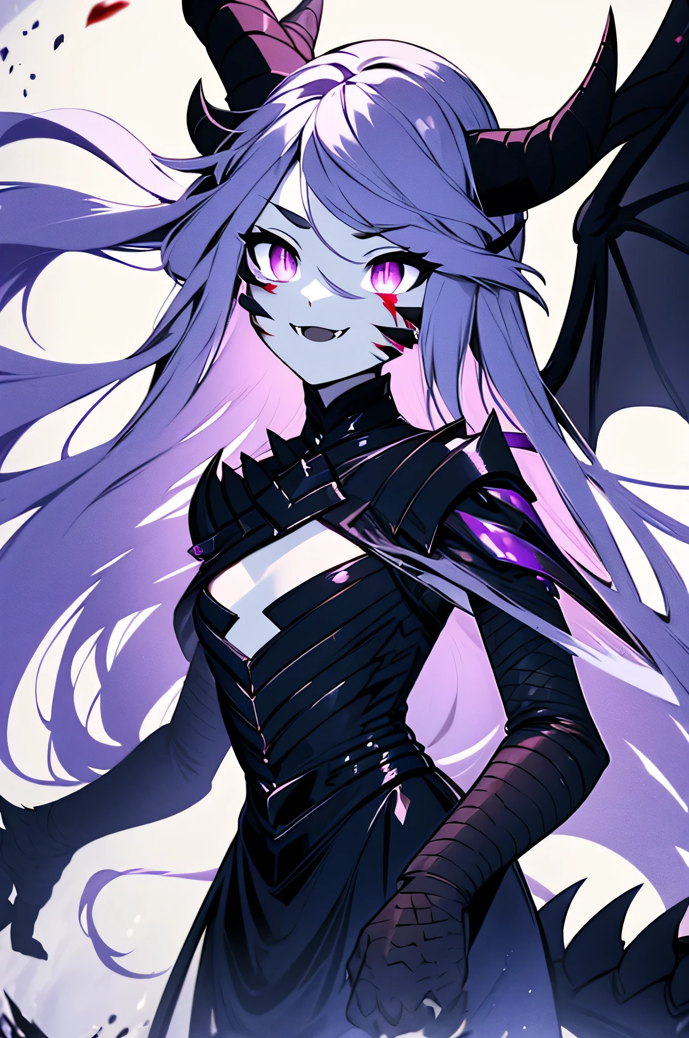 (best quality,4k,highres),((slender and tall)),(focus on face), 1 dragon woman, mature, menacing crazy glowing purple eyes with a black rim, eyes with black sclera, crazed murderous smile, open mouth smile, fangs, very long wavy white hair, ((blood on her face)),slender dragon hands and feet, 6 horns with 3 on each side, 2 wings, 1 tail, black dragon scales, long ornate gothic black dress, small-medium chest,adult