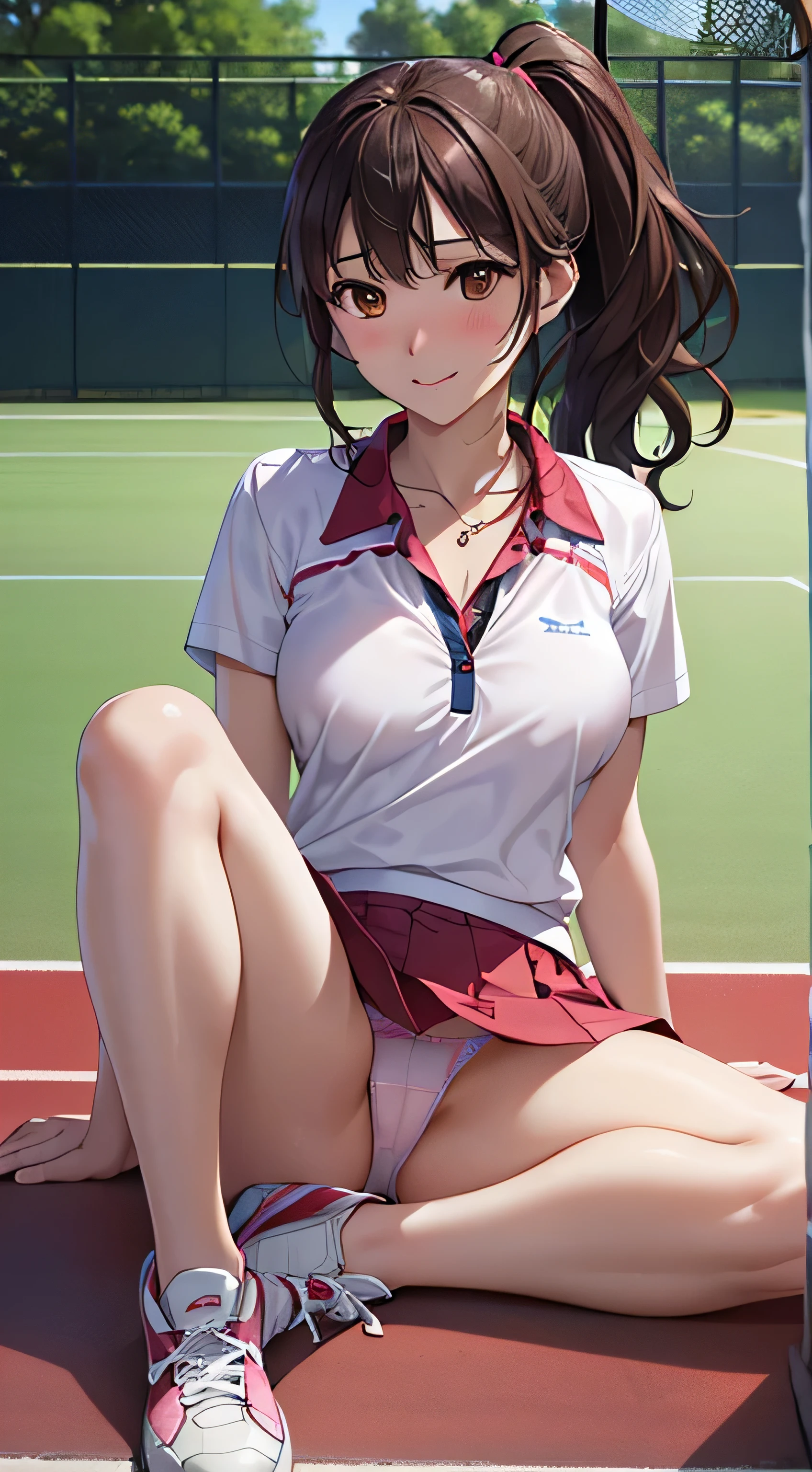 ((table top, highest quality, High resolution, perfect pixel, 4k,)), 1 girl, single, alone, Beautiful woman、I could see the whole body、 ((ponytail、wavy hair, bangs, brown hair)), ((brown eyes, beautiful eyelashes, realistic eyes)), ((detailed face, blush:1.2)), ((smooth texture:0.75, realistic texture:0.65, realistic:1.1, Anime CG style)), medium breasts, dynamic angle, perfect body, ((white tennis wear、White short-sleeved shirt with collar、pink ruffle skirt、white tennis shoes、The wind flips my skirt、floral lace panties、))、Tennis court、、Very embarrassing panic smile、upper grade、、(((Sit with your legs spread on the floor、)))、、