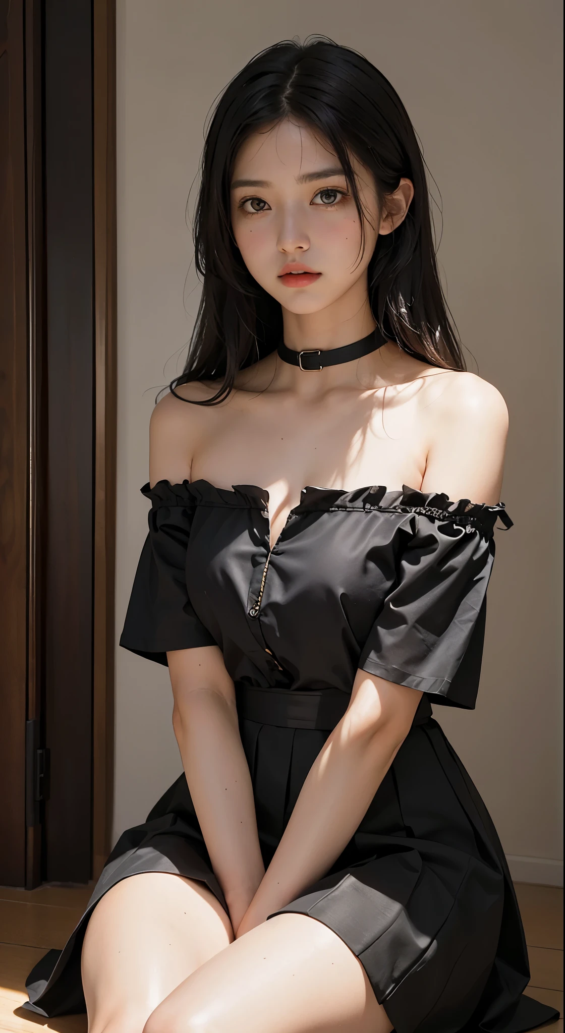 best quality, masterpiece, ultra high resolution, (lifelike: 1.4), original photo, 1 girl, Off the shoulders, light, bare shoulders, black hair, yellow eyes, Kneeling and sitting, Dutch Cape, black skirt, black collar