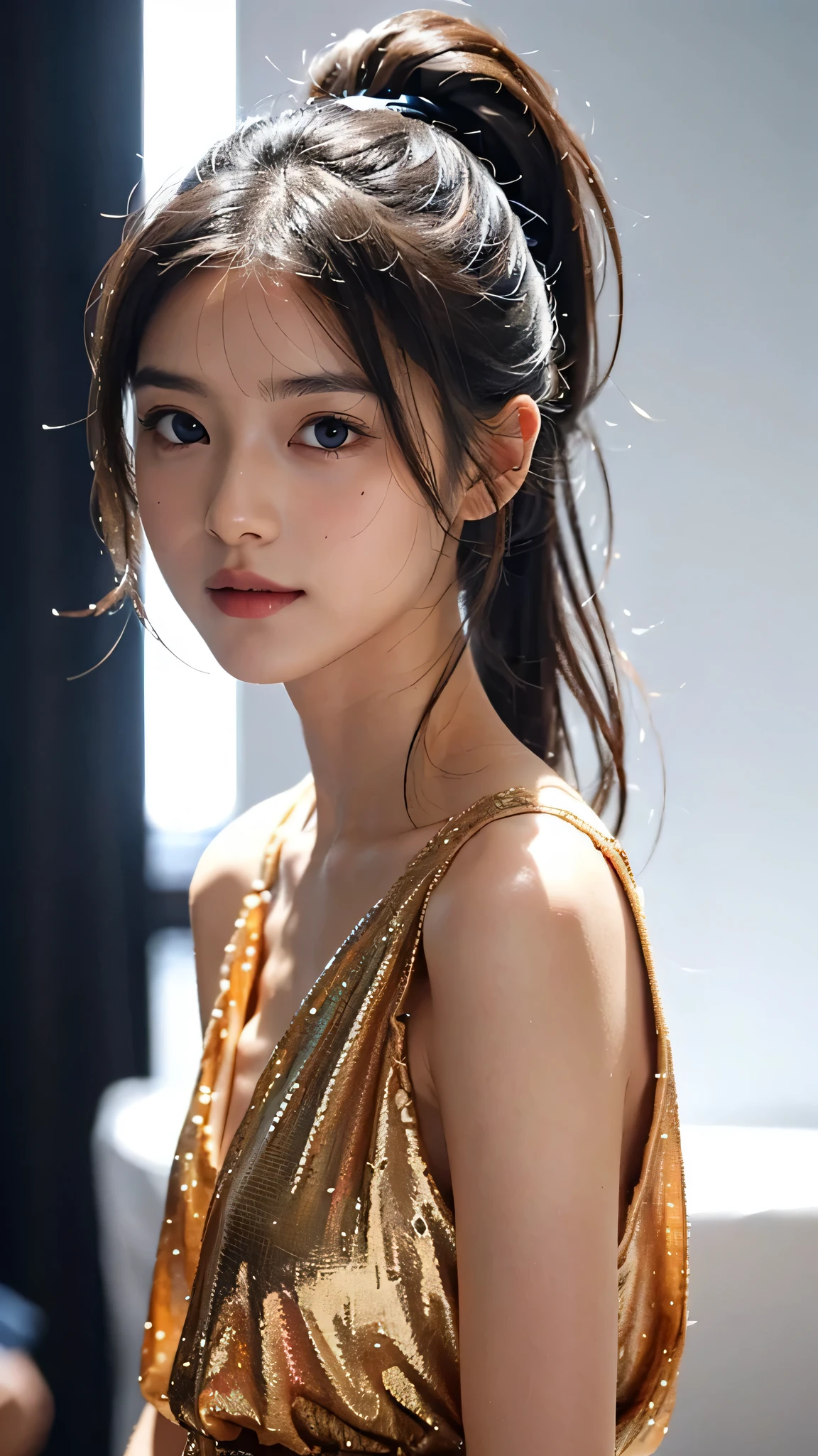 One woman,fully body photo,masutepiece, The highest image quality, High quality, the background is clear,Beautiful woman, Japanese, Detailed, Detailed eyes, Detailed skin, Beautiful skin, 超hight resolution, (reality: 1.4),Very beautiful woman, Slightly younger face, Beautiful skin, slender, (Ultra photo realsisim), (hight resolution), (8K), (Very detailed) (beautifully detailed eyes), (super detailed), (Detailed face), view the viewer, Fine details, Detailed face, Staring straight ahead, Staring straight ahead, photos realistic, Bright lighting, Professional Lighting, Black hair,poneyTail,a baby face,sixteen years old,Hairstyle is ponytail,long ponytail hairstyle,slight smile,wearing a long dress、Walking down the runway at a girls fashion show、on stage