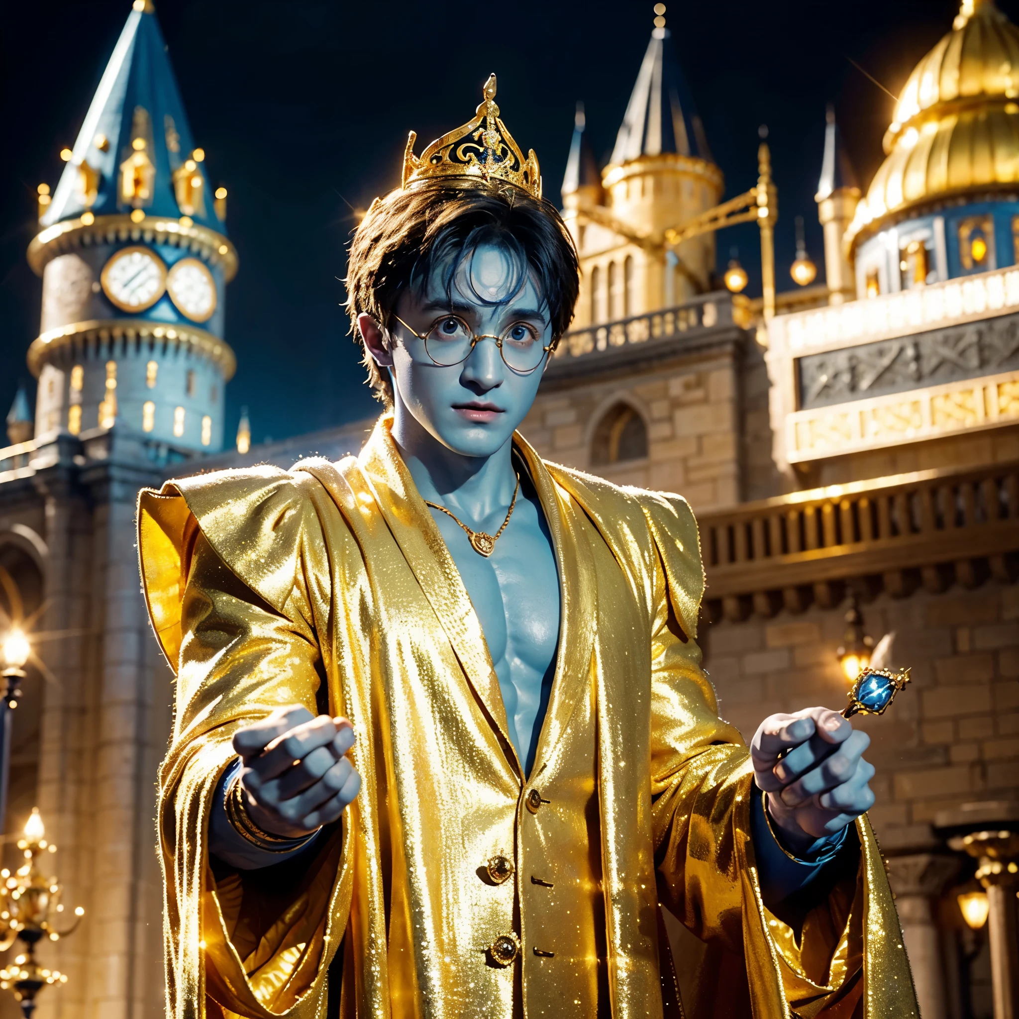 blue skin Harry Potter, muscular body, bare upper body, golden ornaments, flashy costume, Hogwarts in the background, golden king, golden emperor Harry Potter, painted in the center, crowd in the background, golden effect, golden magic, high quality,Harry Potter with golden skin, muscular body, bare upper bodyHarry Potter with golden skin, nothing on, naked, nothing on upper body, golden ornaments, flashy costume, Hogwarts in background, golden king, golden emperor Harry Potter, painted in the center, crowd in background, golden effect, golden magic, high quality, high definition、Harry Potter, the king who unifies the universe, robot in the background,