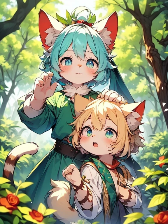 ((masterpiece)), Highest image quality ((hairy)), ((pair of cat ears)), ((cat tail)), blue pupils, short hair, Leaves, fine hair, delicate skin, Lovely, yellow hair, Hair is dull, exquisite eyes, Lovely beast, rose petals floating in the air, a leaf on the head, Zhengtai, Baiyun, forest, Sunlight, hair flying, garden, masterpiece, bushes of wild roses, clover, silly style