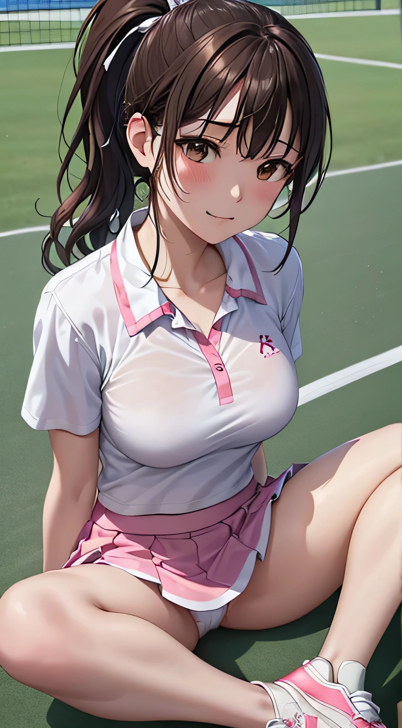 ((table top, highest quality, High resolution, perfect pixel, 4k,)), 1 girl, single, alone, Beautiful woman、I could see the whole body、 ((ponytail、wavy hair, bangs, brown hair)), ((brown eyes, beautiful eyelashes, realistic eyes)), ((detailed face, blush:1.2)), ((smooth texture:0.75, realistic texture:0.65, realistic:1.1, Anime CG style)), medium breasts, dynamic angle, perfect body, ((white tennis wear、White short-sleeved shirt with collar、pink ruffle skirt、white tennis shoes、The wind flips my skirt、floral lace panties、))、Tennis court、、Very embarrassing panic smile、upper grade、、(((Sit with your legs spread on the floor、)))、、