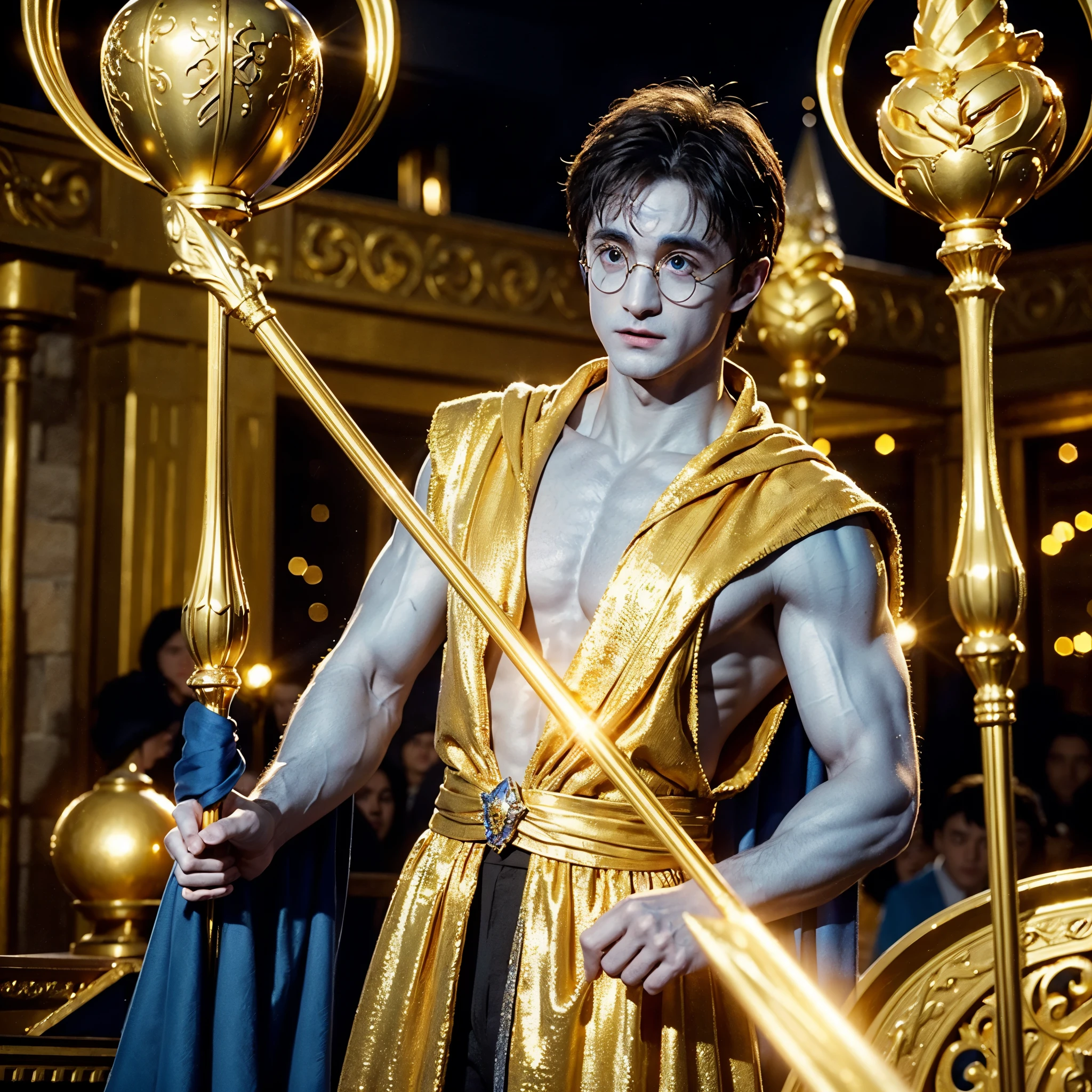 blue skin Harry Potter, muscular body, bare upper body, golden ornaments, flashy costume, Hogwarts in the background, golden king, golden emperor Harry Potter, painted in the center, crowd in the background, golden effect, golden magic, high quality,Harry Potter with golden skin, muscular body, bare upper bodyHarry Potter with golden skin, nothing on, naked, nothing on upper body, golden ornaments, flashy costume, Hogwarts in background, golden king, golden emperor Harry Potter, painted in the center, crowd in background, golden effect, golden magic, high quality, high definition、Harry Potter, the king who unifies the universe, robot in the background,