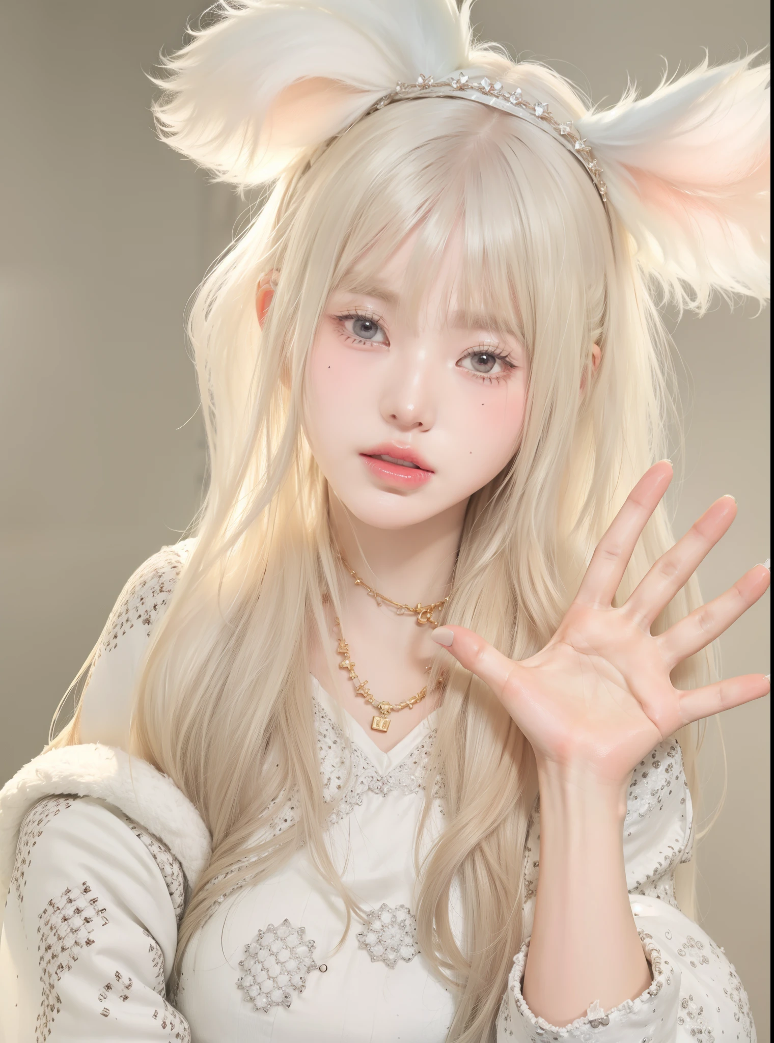 un primer plano de una persona que llevaba un abrigo de piel y un tiable, con el pelo largo y blanco, bella delfina, pelo largo y blanco y flequillo, con pelo largo y blanco, ulzzang, extremely pale blonde hair, shikami, pale porcelain white skin, peinado de corte hime blanco, very very pale blonde hair, kemonomimi, pale and light skin!!