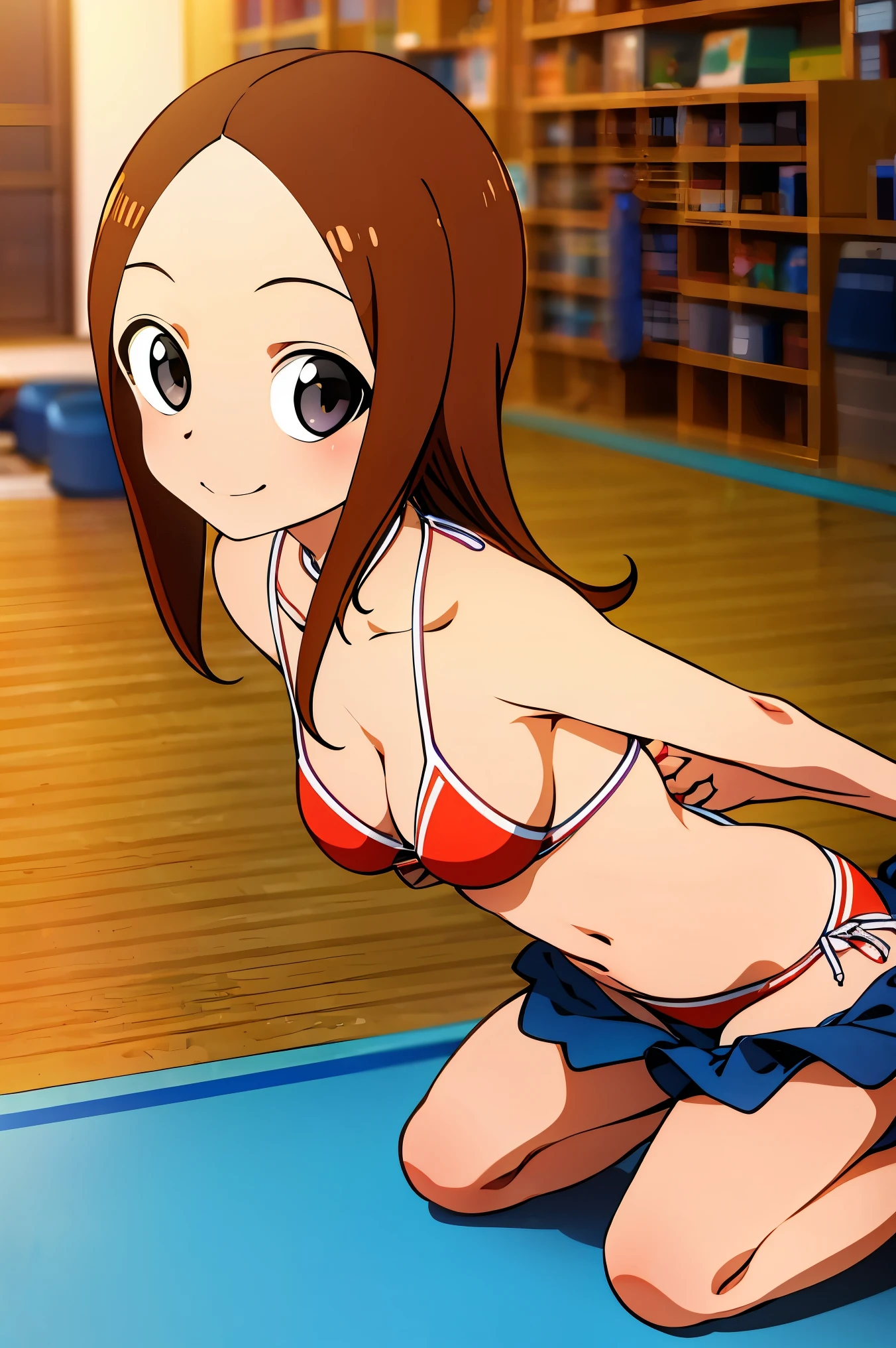 Takagi 1 girl、high quality、(((bikini))), (((白色bikini))), ，rather large breasts、kneeling、The background is the gym、Interior lighting