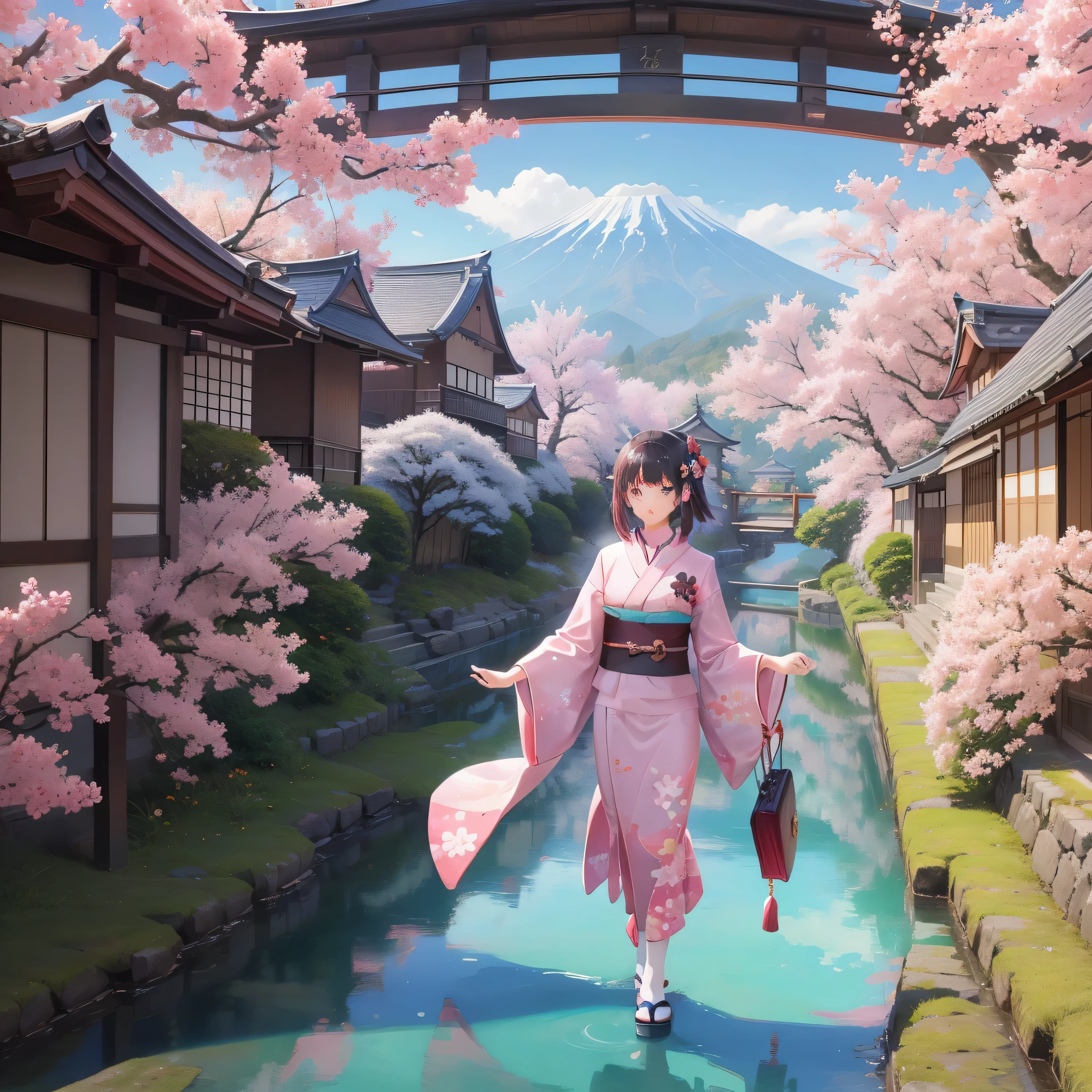 Gorgeous 12 year old girl. wearing kimono, walking across bridge, Japanes landscape, cherry trees, Mount Fugi in background.