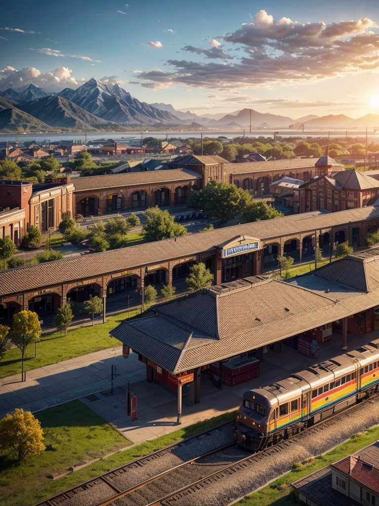 (train station scene:1.5)，A train stops quietly on the tracks，Surrounded by tranquil fields and distant mountains。Warm colors in the picture，The sun shines through the clouds on the train and the platform，It creates a peaceful and comfortable atmosphere。Highlight the details and texture of the train，And the architectural style and feel of the train station。No one appears，Let the picture pay more attention to the expression of nature and environment，3D rendering miniature scene design，miniature diorama，Transparent material，Pipe conveying materials，rich and colorful，futuristic，Graphic design inspiration illustration，emerging rendering，mixer，Unreal Engine，HDR, HD，best quality
