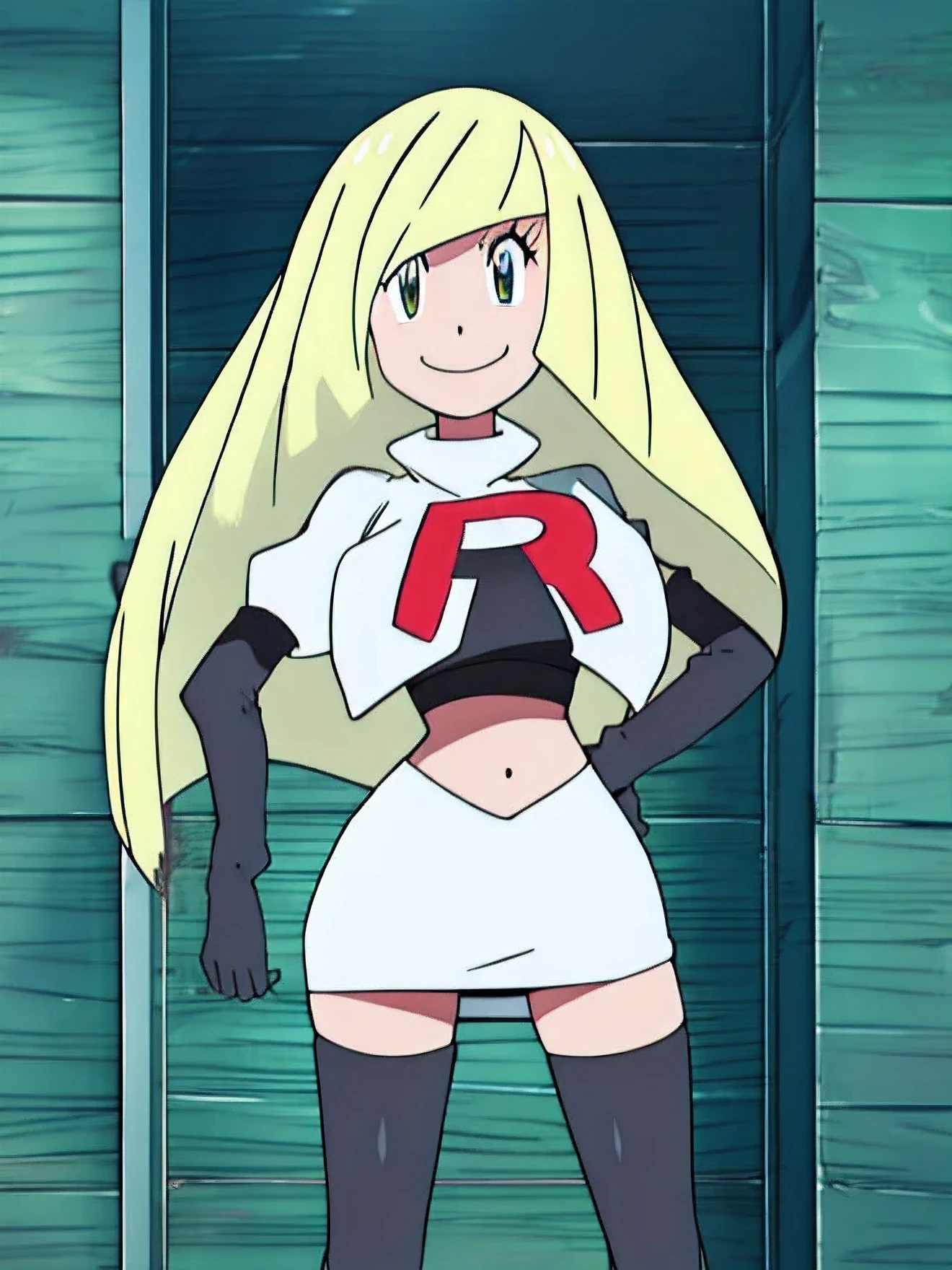 8k,1girl in, (solo:1.1), (perfect body:1.1), (best quality:1.1), very large breast, team rocket, team rocket uniform, red letter r, white skirt,white crop top,black thigh-high boots, black elbow gloves, smiling, looking down at viewer, hands on hips,zettai ryouiki,cowboy shot, deflusamine