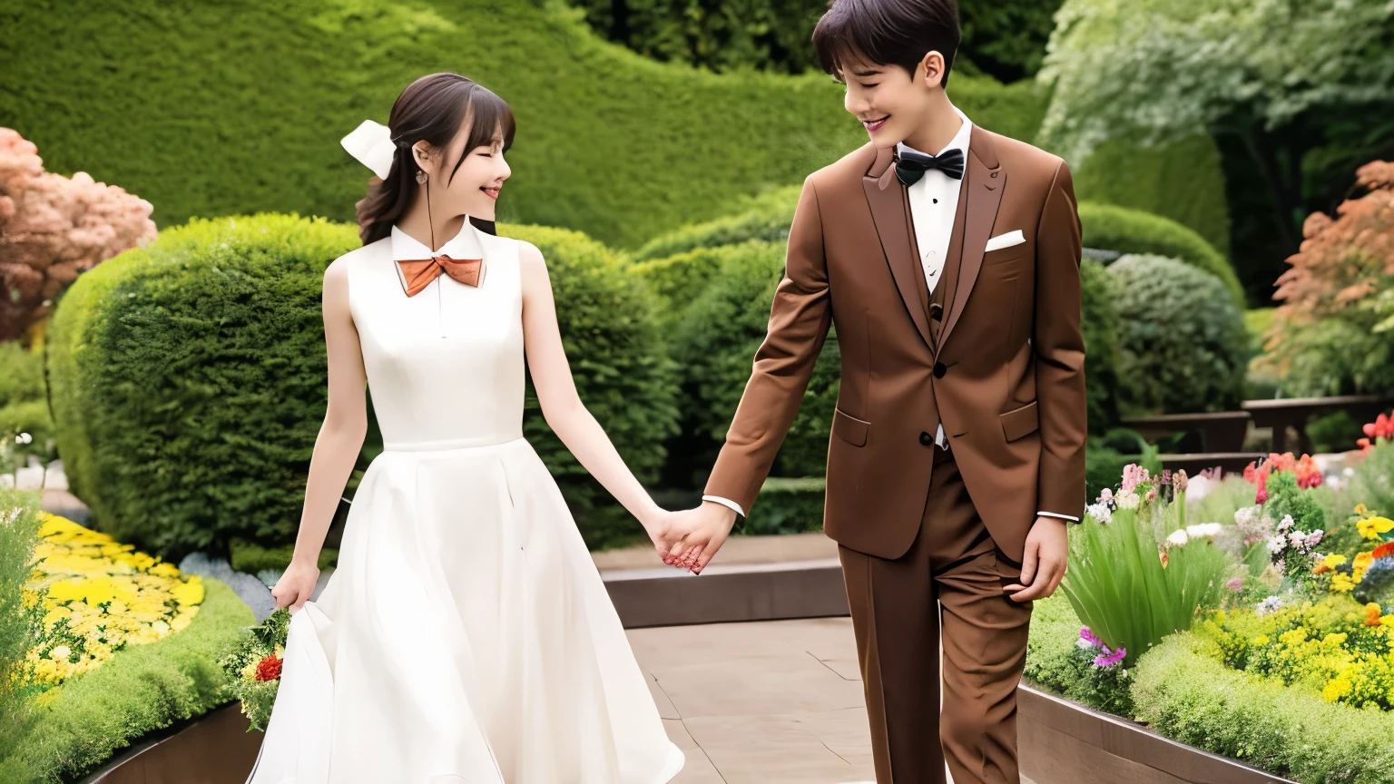 a handsome boy in brown suit and bow tie is holding hand with a beautiful girl in plain white dress at the garden. 